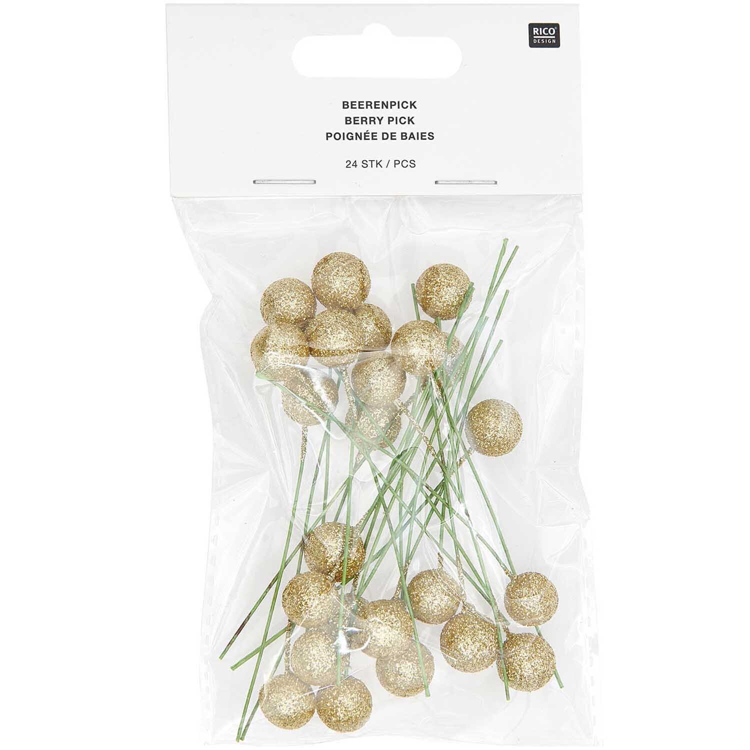 Beerenpick mit Glitzer, 24 Stück, in einer transparenten Verpackung, dekorativ und funkelnd.