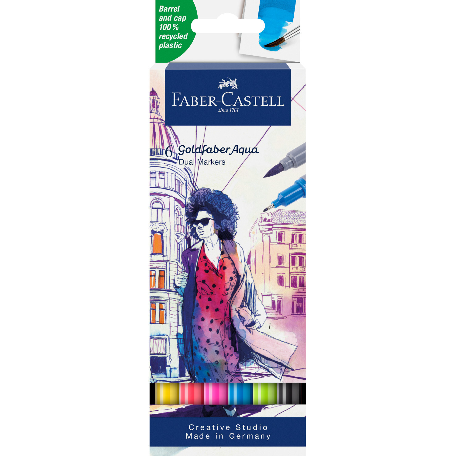 Goldfaber Aqua Dual Marker Set von Faber Castell, 6-teilig, mit bunter Verpackung und Stadtmotiv.