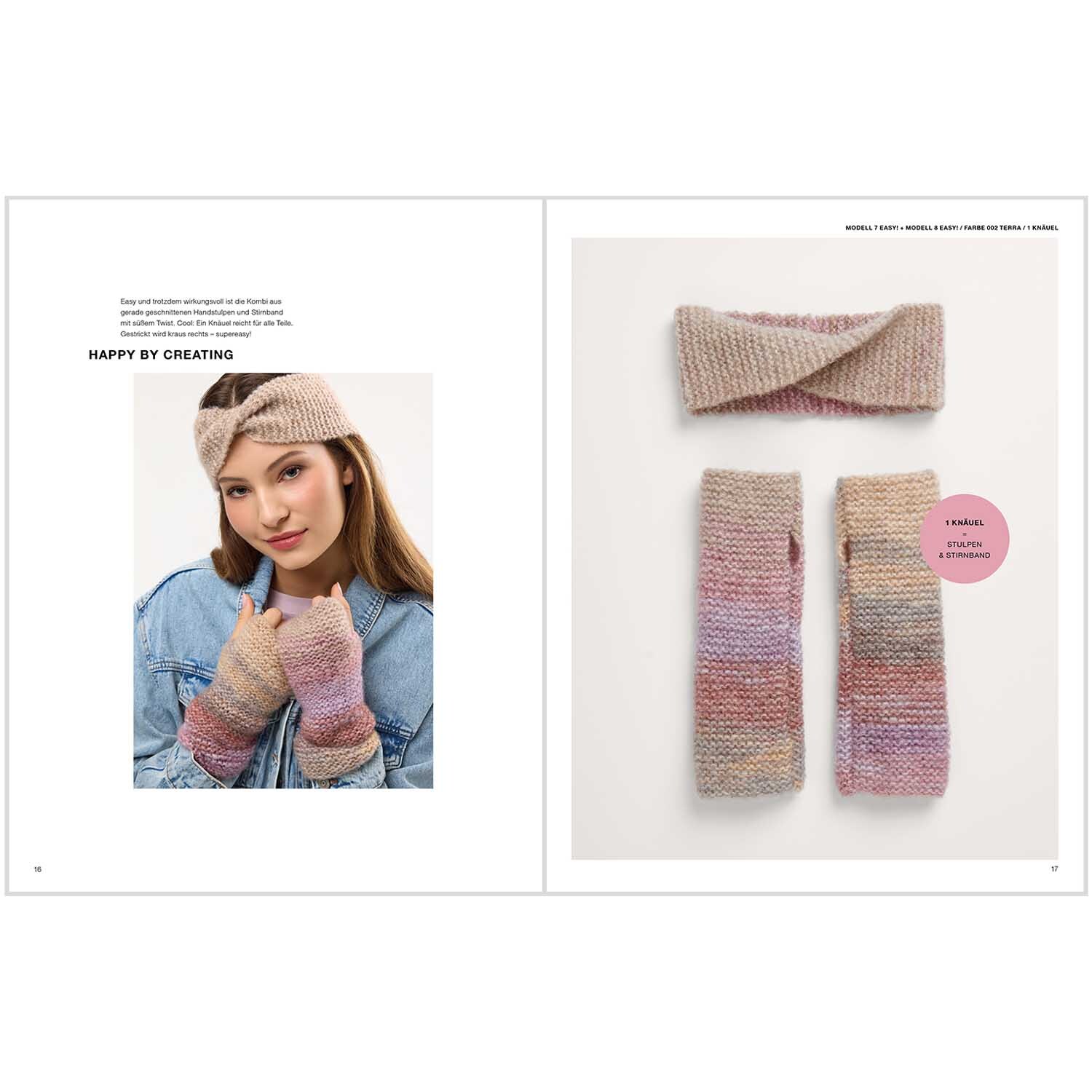 Creative Painted Power Special: Frau trägt gestricktes Stirnband und Handschuhe in sanften Pastelltönen.