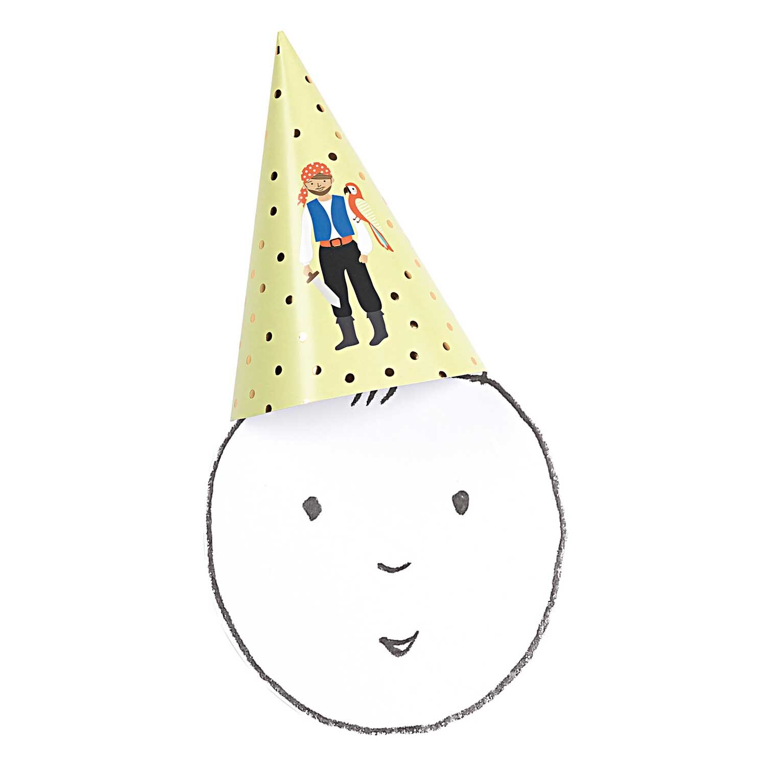 Partyhüte Pirat 20cm 8 Stück von Rico Design, bunte Hüte mit Piratenmotiv auf hellem Hintergrund.