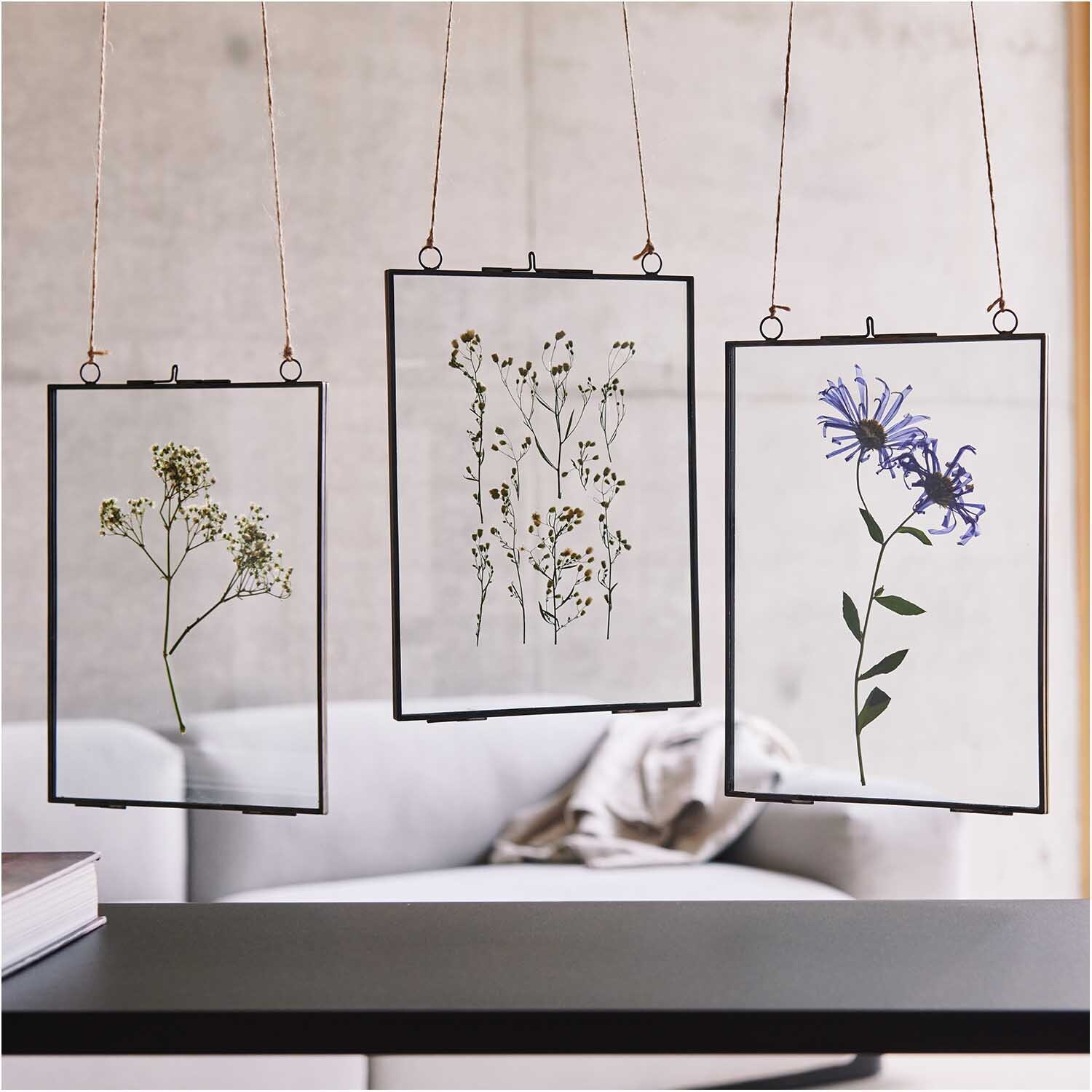 Metallrahmen zum Hängen mit doppelter Glasscheibe zeigt getrocknete Blumen in modernem Design. Ideal für stilvolle Wohnräume.