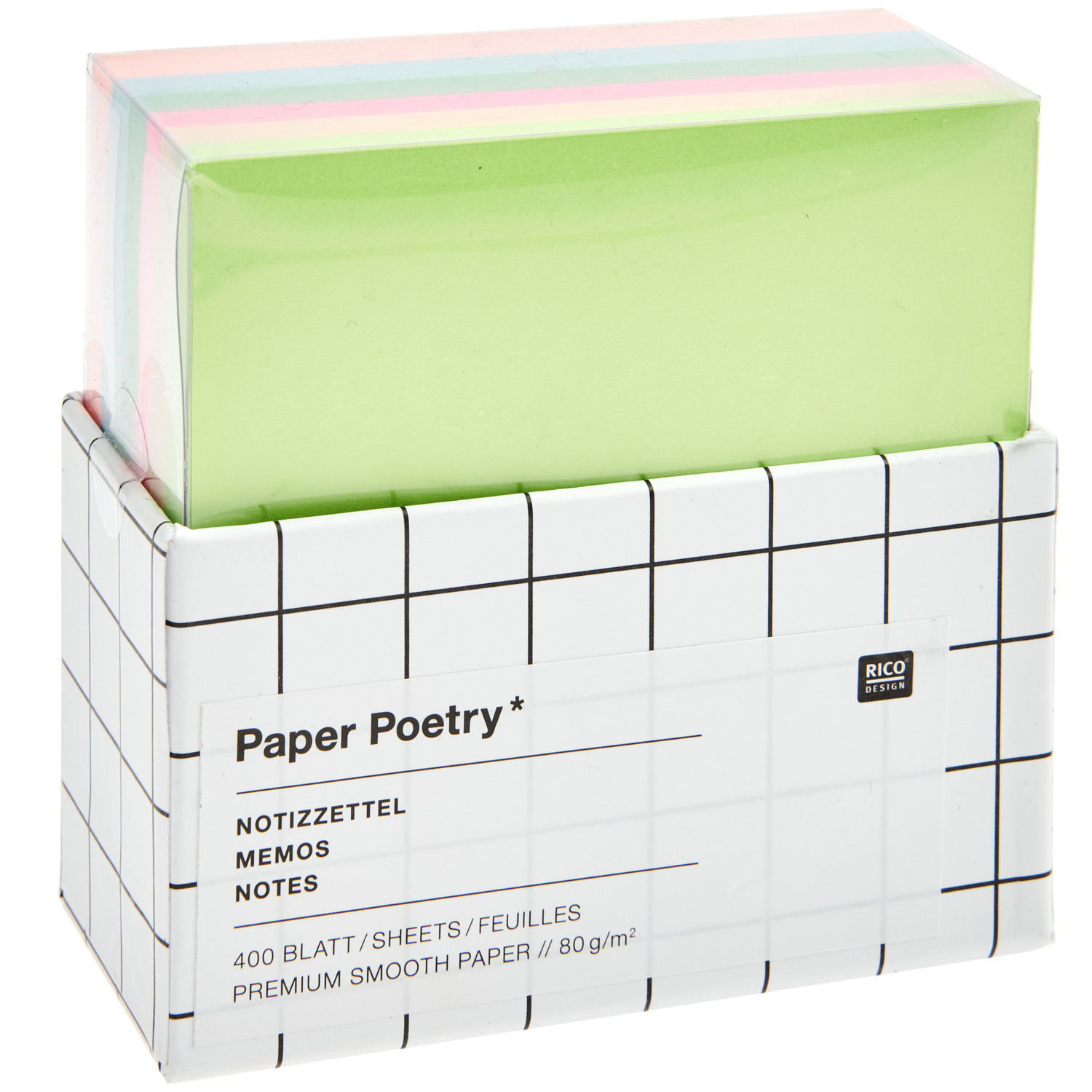 Paper Poetry Notizzettel-Box Pink/Türkis/Gelb  9x9cm 400 Blatt von Rico Design