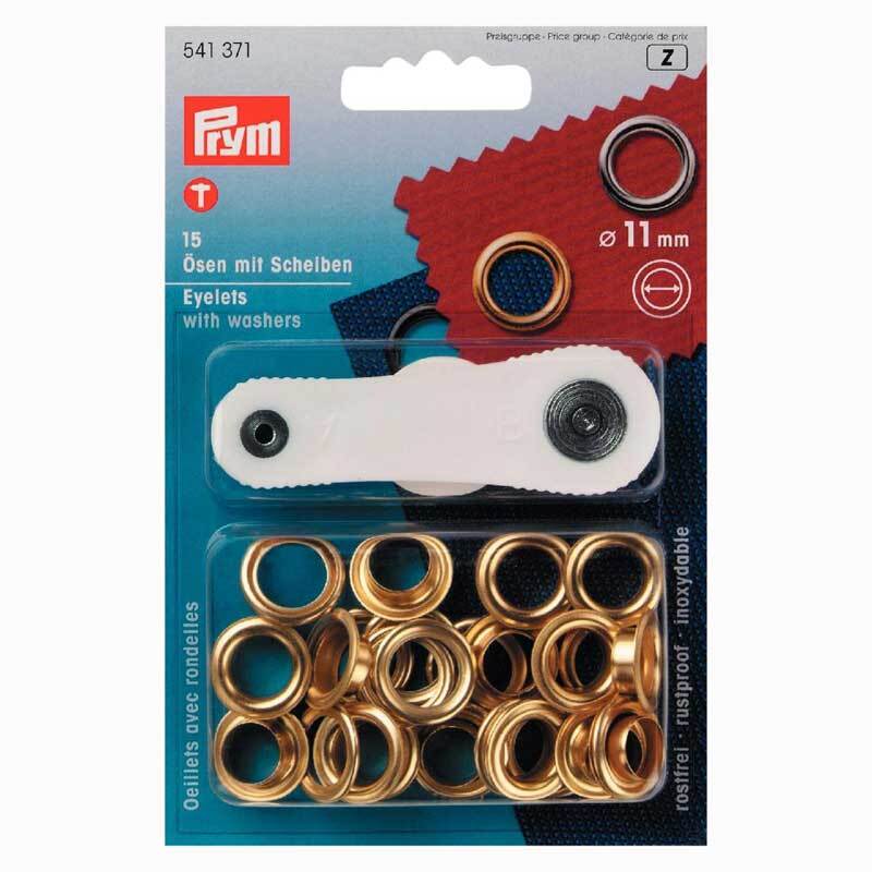 Ösen mit Scheiben gold 11mm 15 Stück von Prym, verpackt in einer Blisterpackung mit Werkzeug.