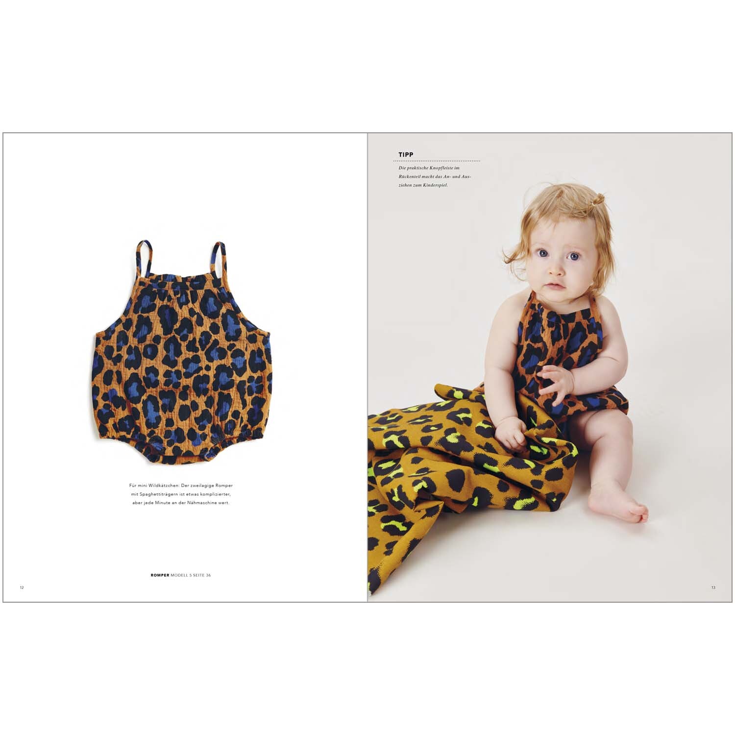 Das kleine Rico Nähbuch Acid Leo zeigt ein Baby in einem Leo-Print-Outfit von Rico Design.