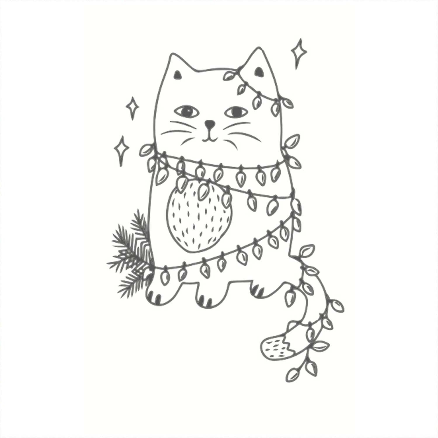 Stempel mit Weihnachtskatze in Weiß von May&Berry, 35x55mm. Die Katze ist mit Lichterketten umwickelt und steht neben Tannenzweigen. Perfekt für festliche Bastelprojekte.