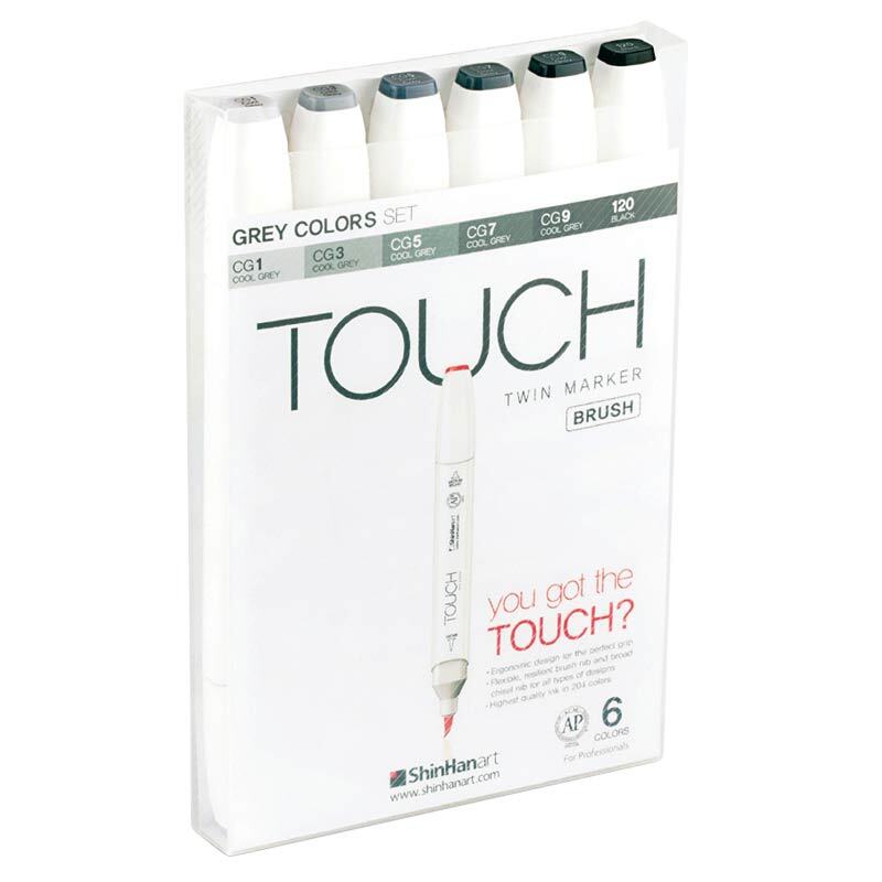Twin Brush Marker Grey Colors, 6-teiliges Set von TOUCH. Enthält verschiedene Grautöne. Ideal für Künstler und Designer.