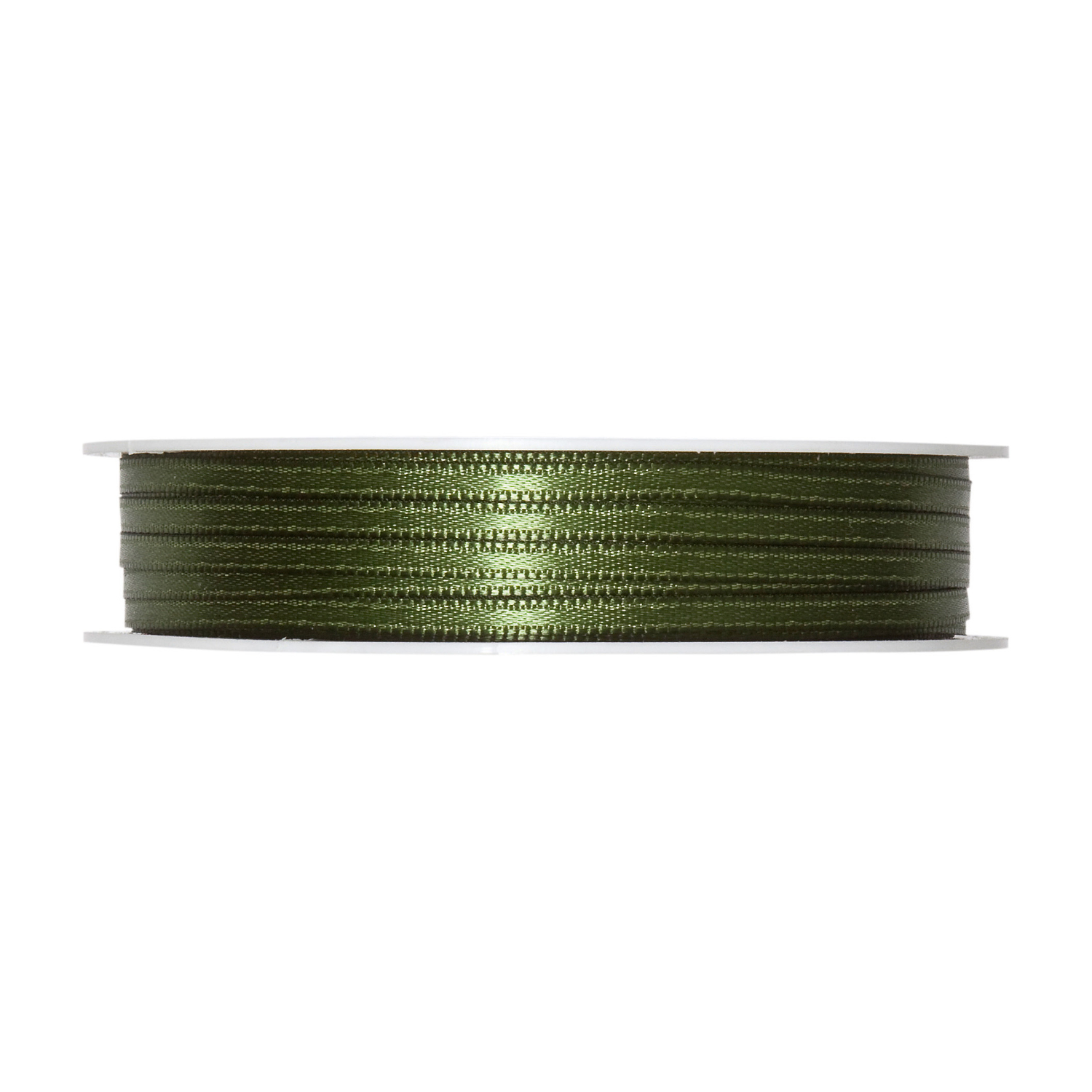 Satinband 3mm 10m in Moosgrün von Halbach, aufgerollt auf einer weißen Spule, ideal für Dekorationen.