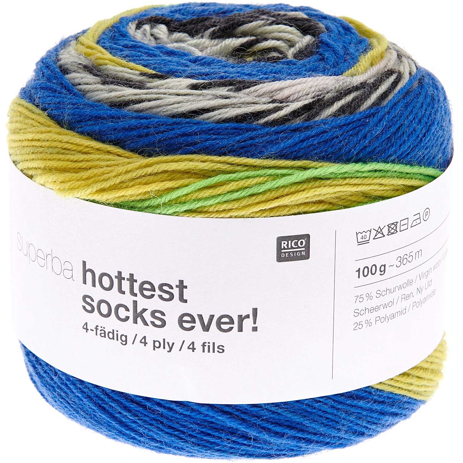 Superba Hottest Socks ever! 4fädig Wolle in Blau, Gelb und Grau von Rico Design, ideal für Strickprojekte.