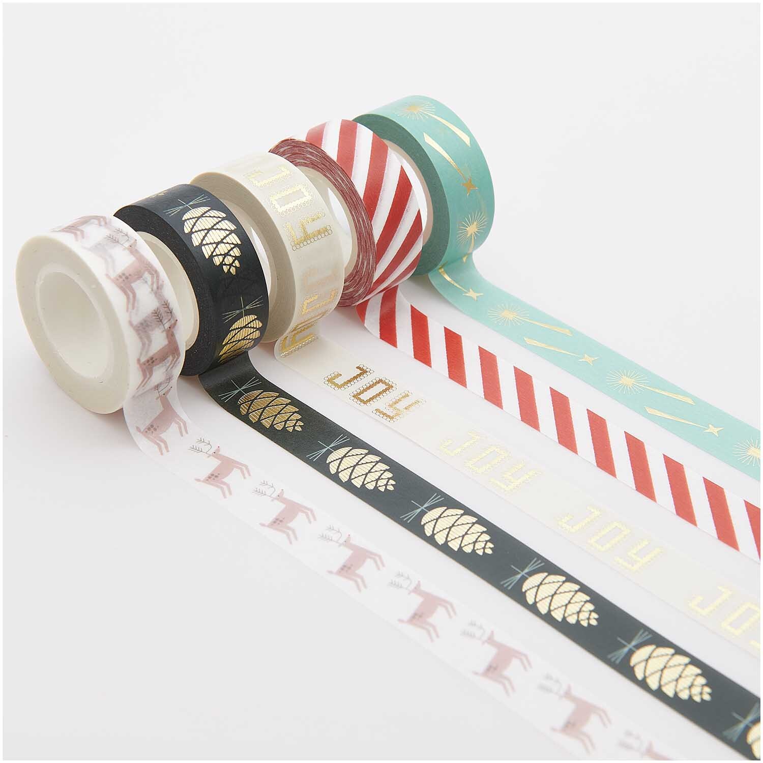 Paper Poetry Tape Set Christmas Joy, 5-teilig, mit festlichen Mustern in Rot, Grün und Gold. Ideal für kreative Weihnachtsprojekte.