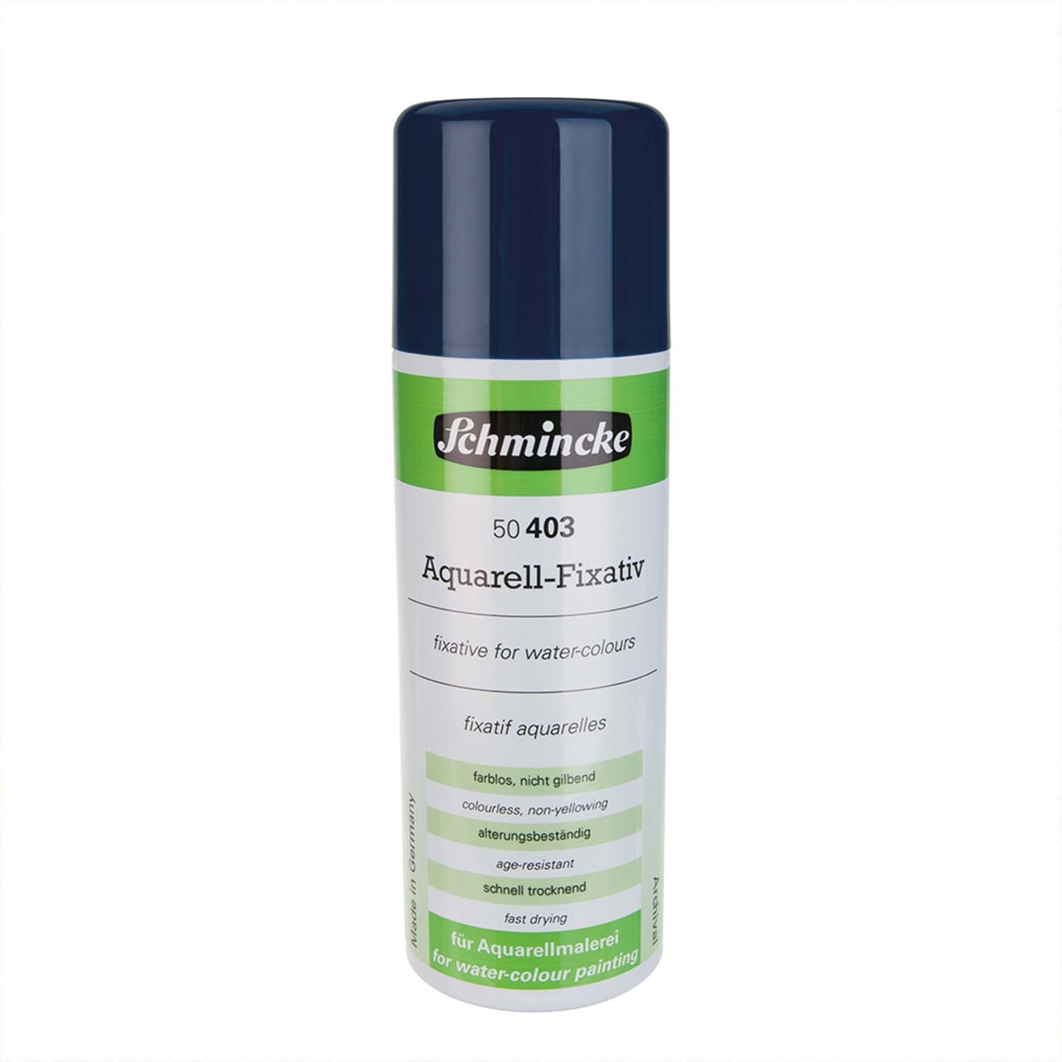 Aquarell-Fixativ Aerospray 300ml von Schmincke, ideal für Aquarellmalerei, in einer weißen Sprühdose mit grünem Etikett.