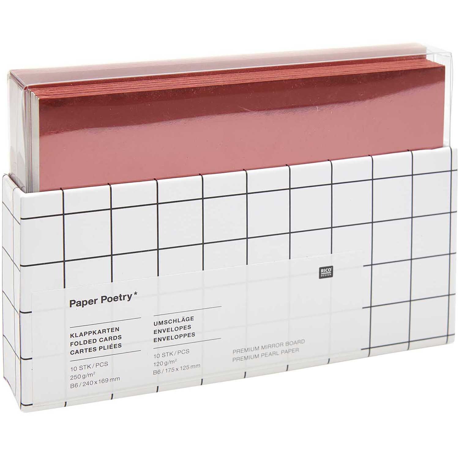 Paper Poetry Kartenset Spiegelkarton B6, 20-teilig, zeigt rote Klappkarten in einer eleganten Verpackung von Rico Design.