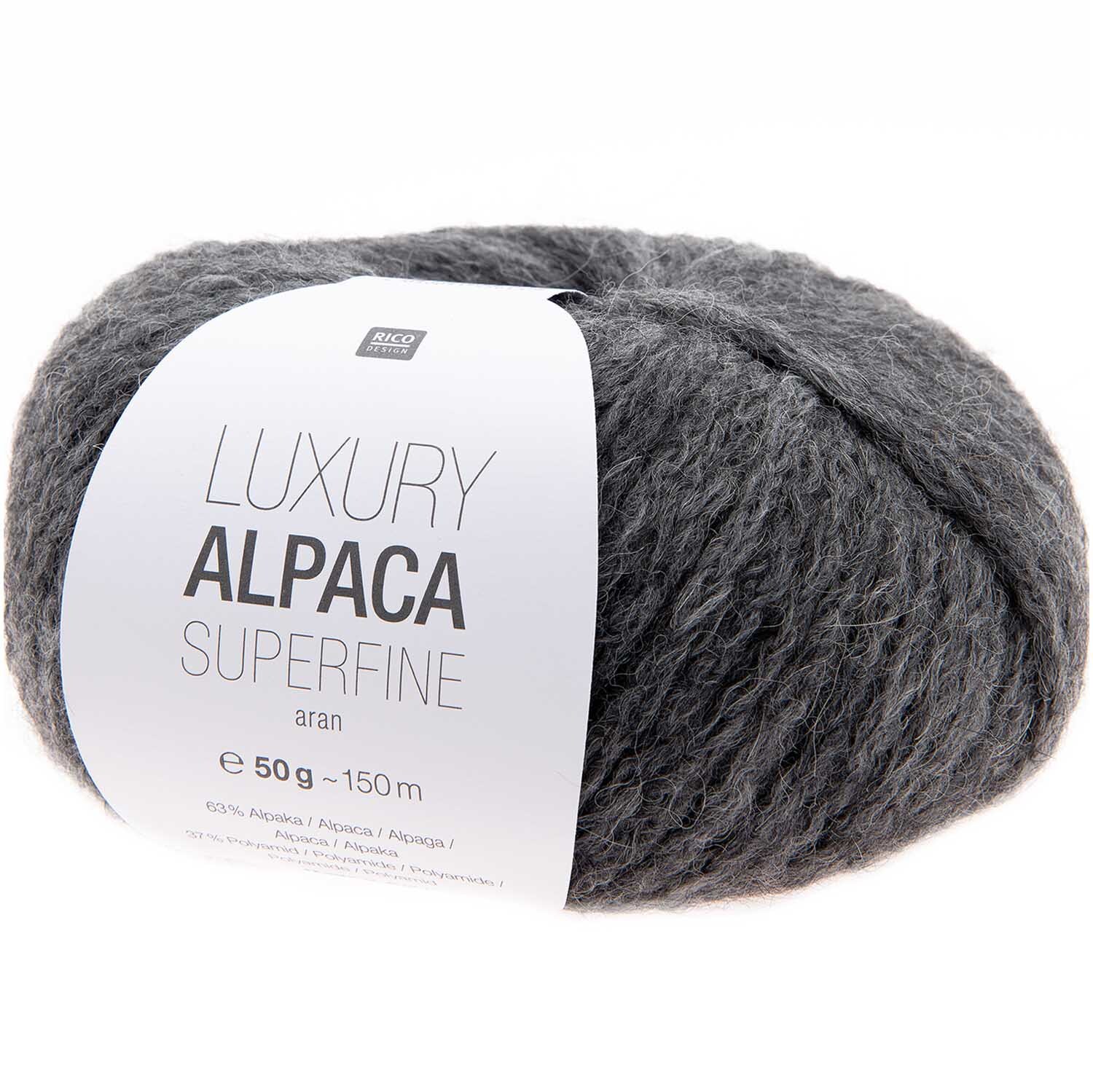 Rico Luxury Alpaca Superfine aran, mittelgraues Garn, 50g, 140m, ideal für Strickprojekte.