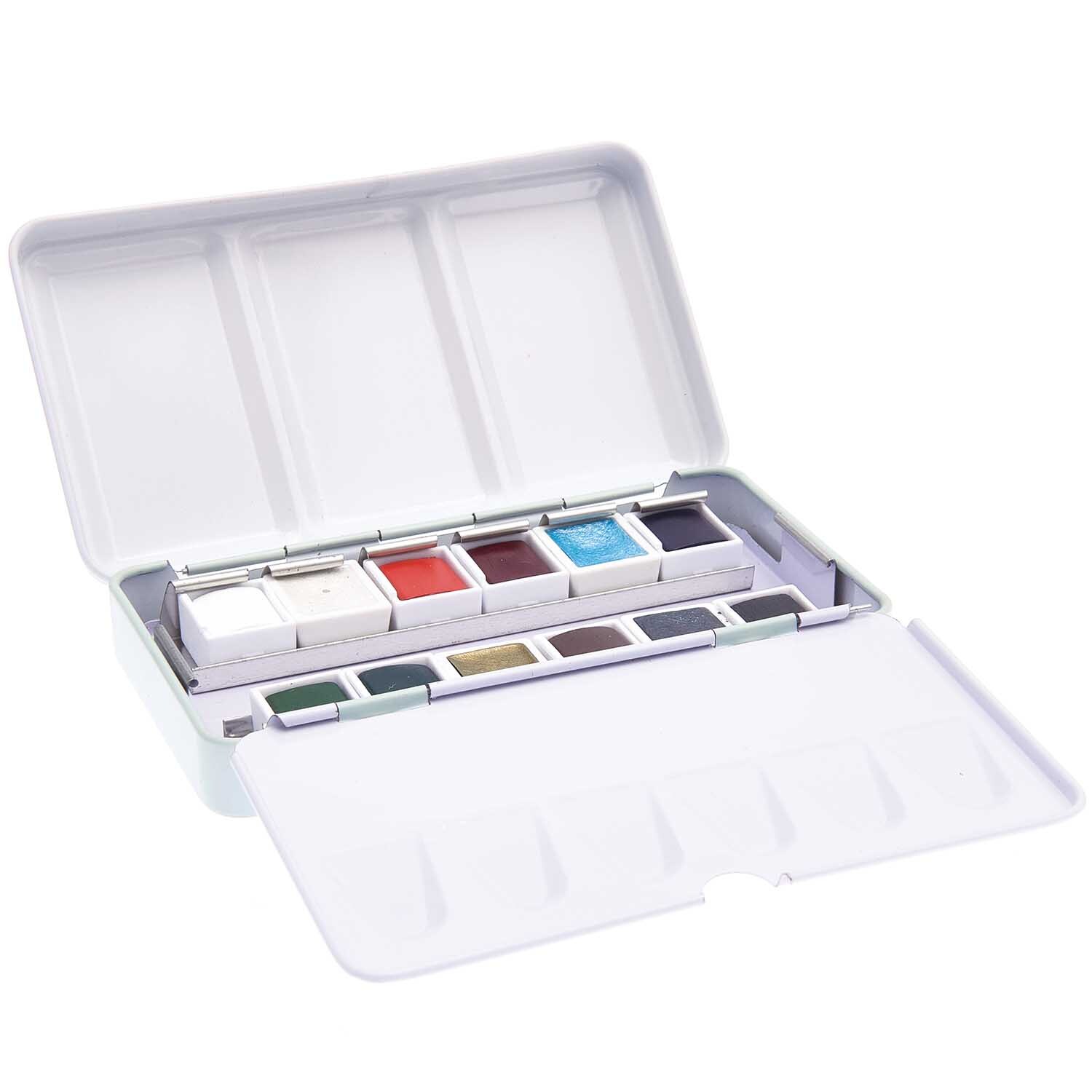 ART Essential Aquarellfarben Icy Colours 12 Farben in einer offenen Box von Rico Design, zeigt eine Auswahl an leuchtenden Farbtönen.