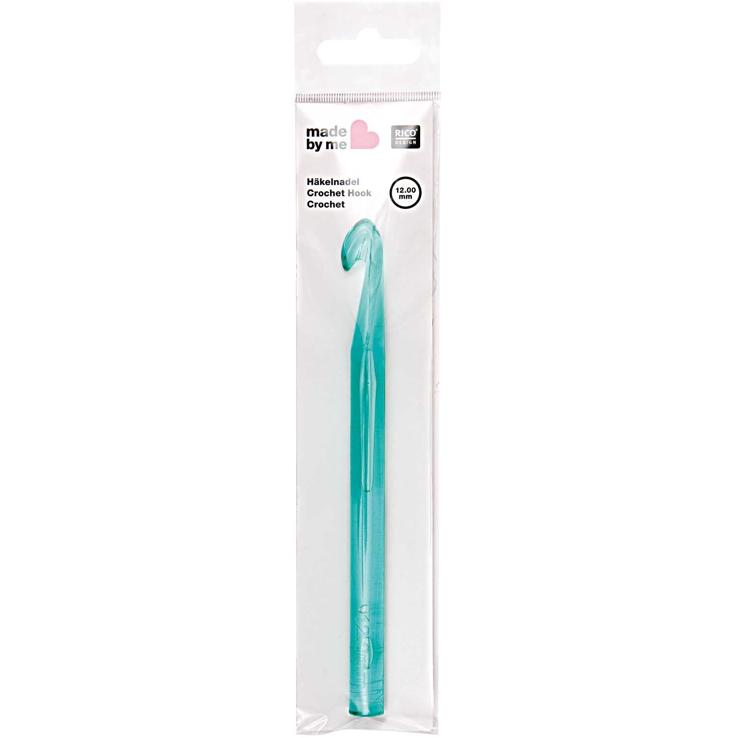 Häkelnadel 15cm von Rico Design in transparentem Blau, verpackt in einer klaren Kunststoffhülle.