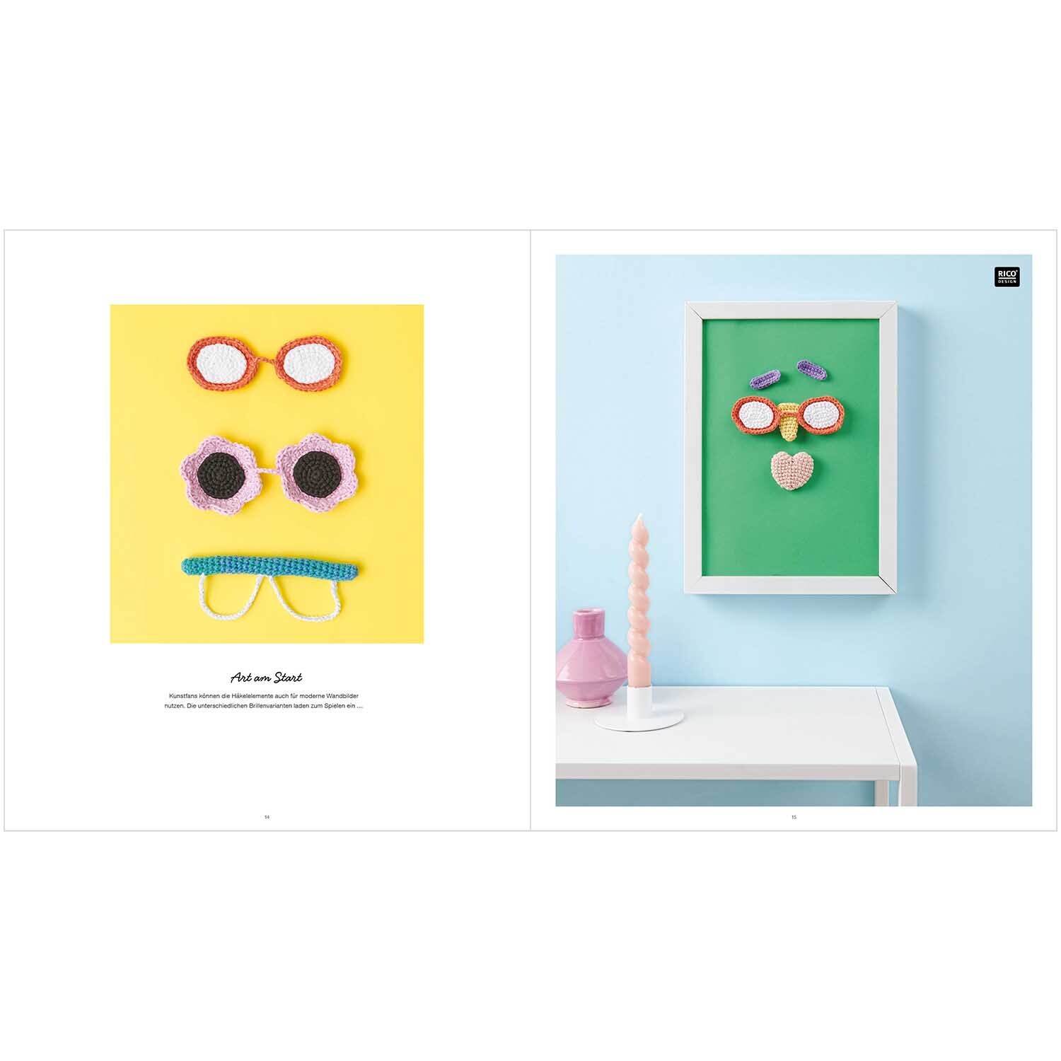 Ricorumi Crochet Your Face deutsch: Bunte Häkelbrillen und -accessoires auf gelbem und grünem Hintergrund, präsentiert von Rico Design.