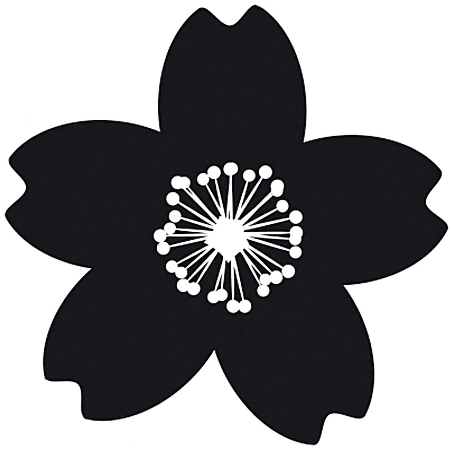 Stempel Kirschblüte rund 3,5cm von Rico Design zeigt eine stilisierte schwarze Blüte mit weißen Details.