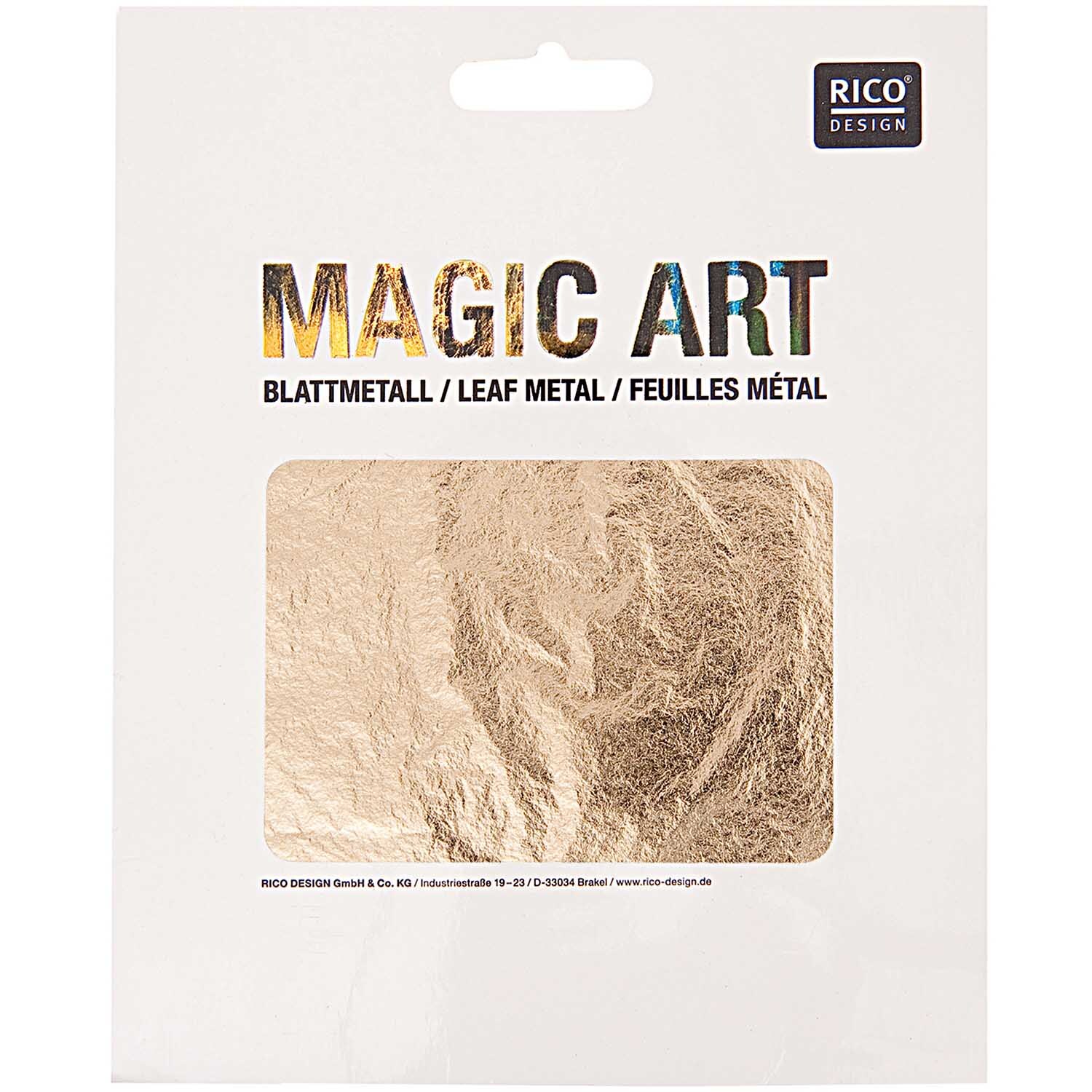 Magic Art Blattmetall 25 Blatt von Rico Design in Gold, präsentiert in einer eleganten Verpackung.