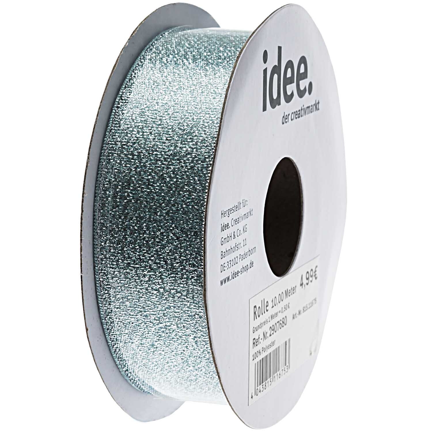 Band metallic 25mm 10m in Pastellblau von idee. Creativmarkt, auf einer Rolle präsentiert. Ideal für kreative Projekte und Dekorationen.