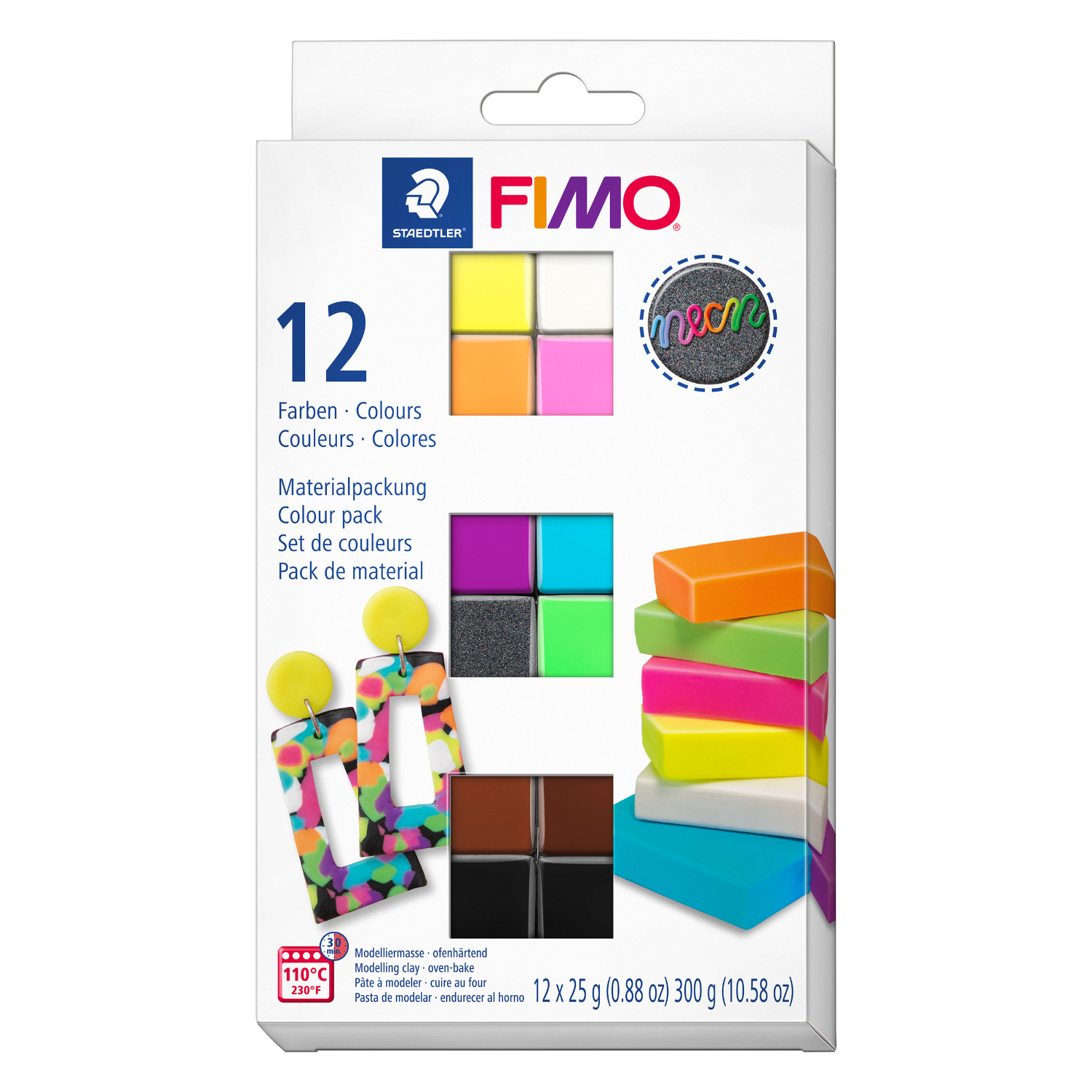 FIMO effect Neon, 25g 12 Halbblöcke, bunte Modelliermasse von Staedtler in leuchtenden Farben.