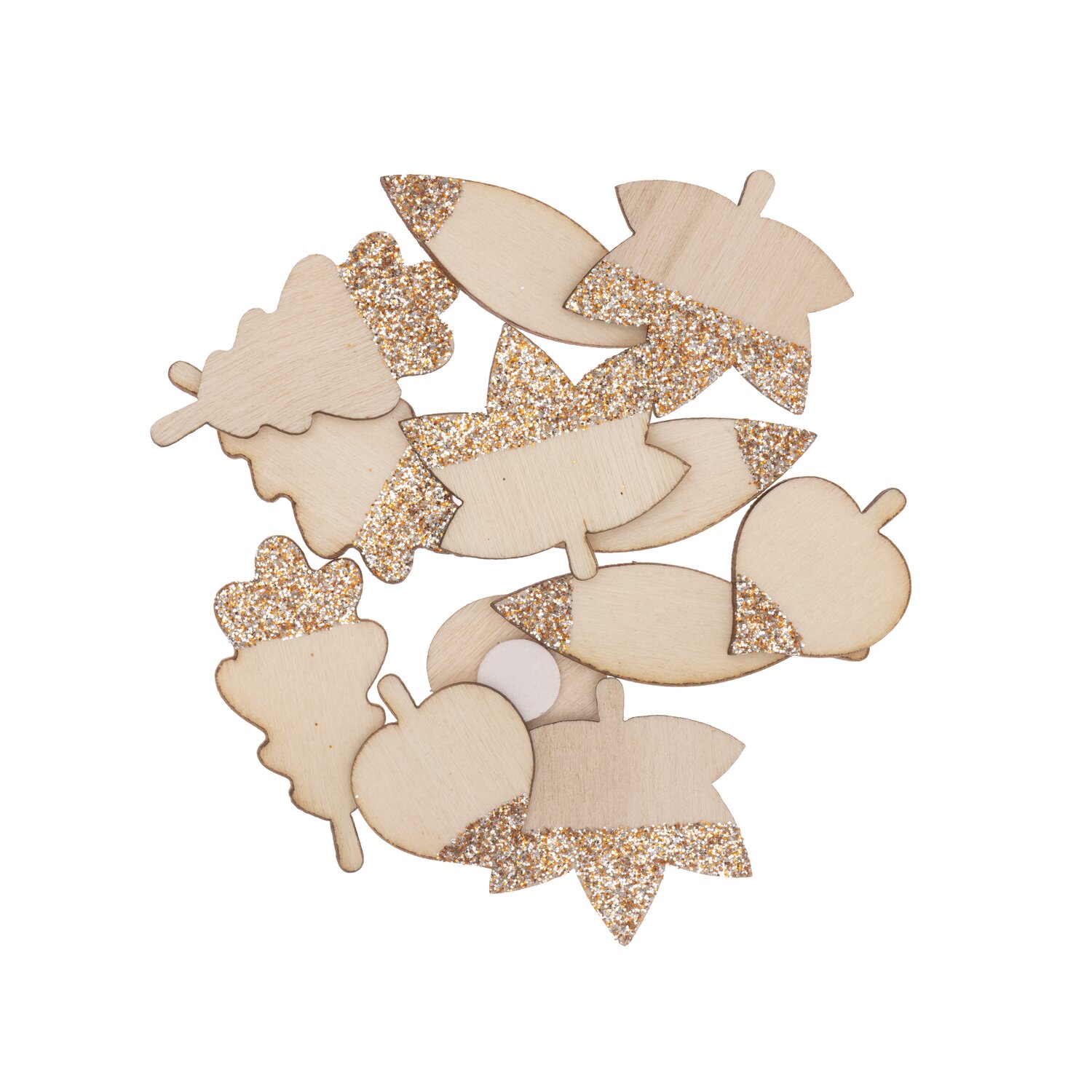 Holzsticker Blätter Mix mit Glitter natur-roségold, 48 Stück. Verschiedene Blattformen mit funkelndem Akzent für kreative Dekorationen.