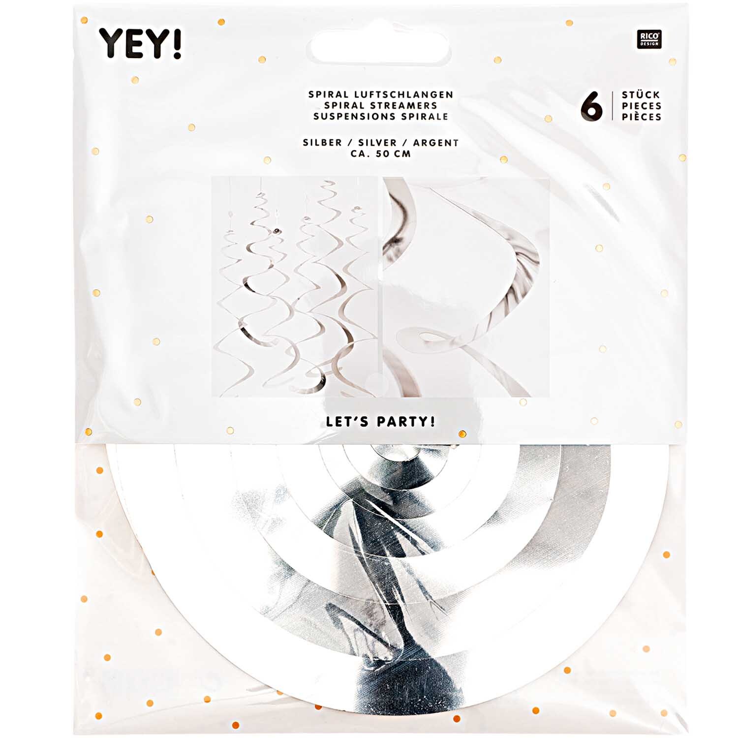 Spiralluftschlangen 50cm 6 Stück von Rico Design in Silber, dekorativ verpackt für Partys.
