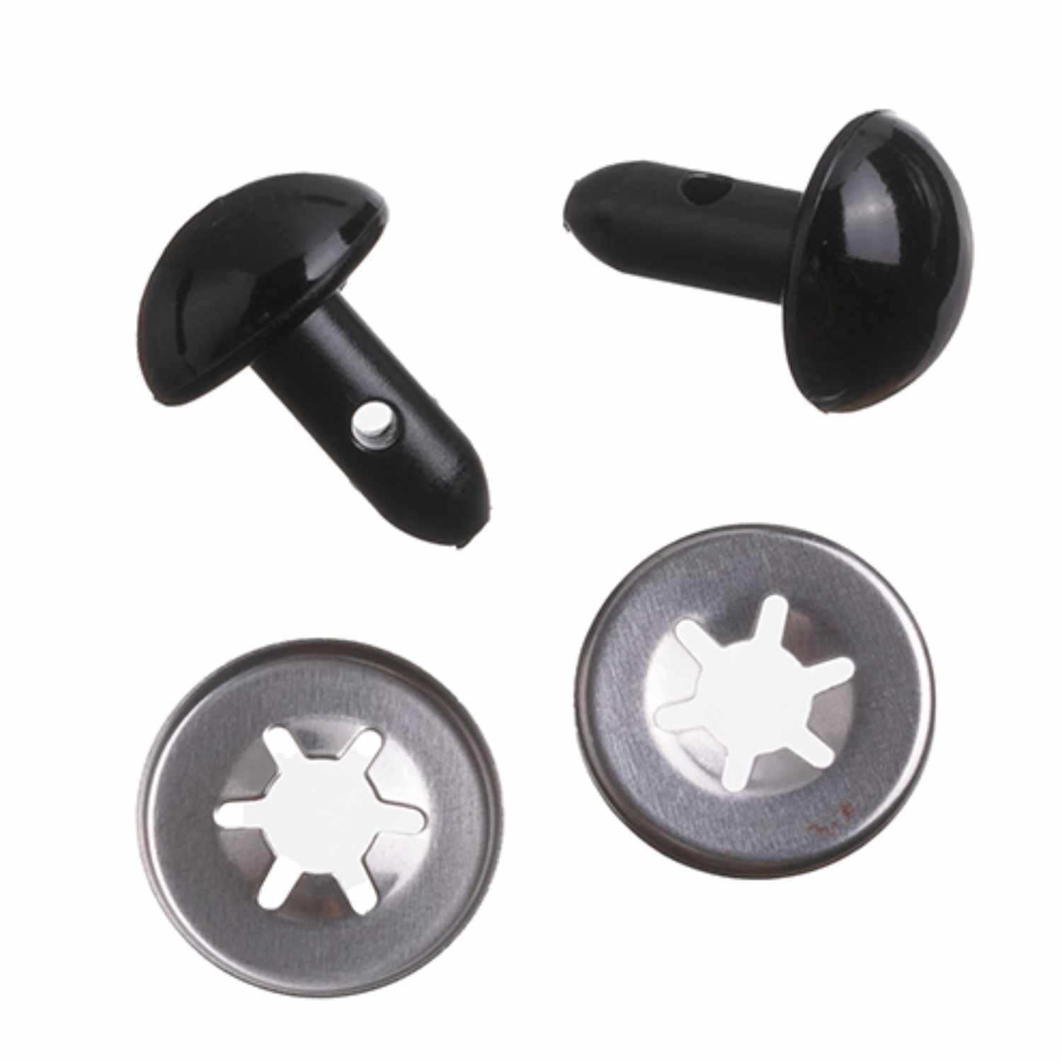 Sicherheitsaugen schwarz 2 Stück, ideal für Handarbeiten. Enthält zwei schwarze Augen und passende Metallverschlüsse.