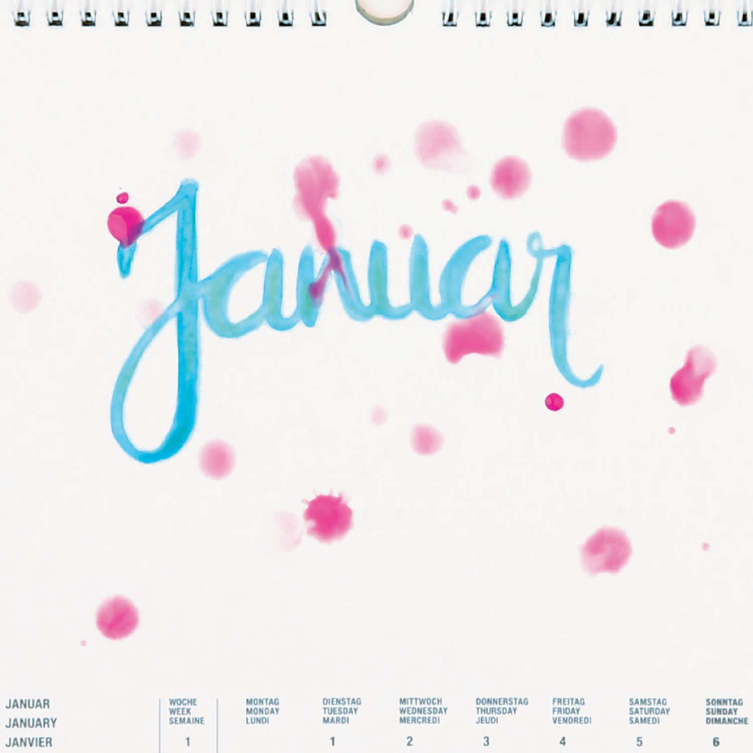 Anleitung Kalender gestalten: Ein Kalenderblatt für Januar mit blauer Schrift und rosa Farbspritzern.