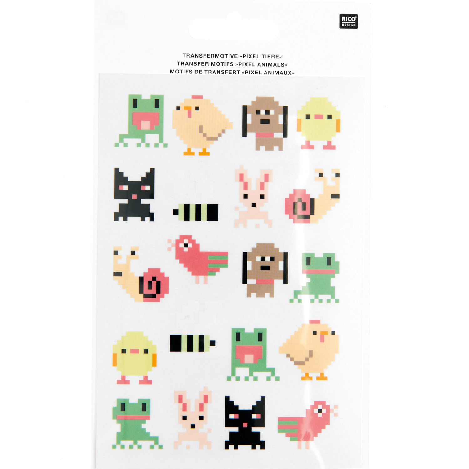 Transfermotiv Pixel-Tiere von Rico Design zeigt bunte, pixelige Tiermotive auf weißem Hintergrund.