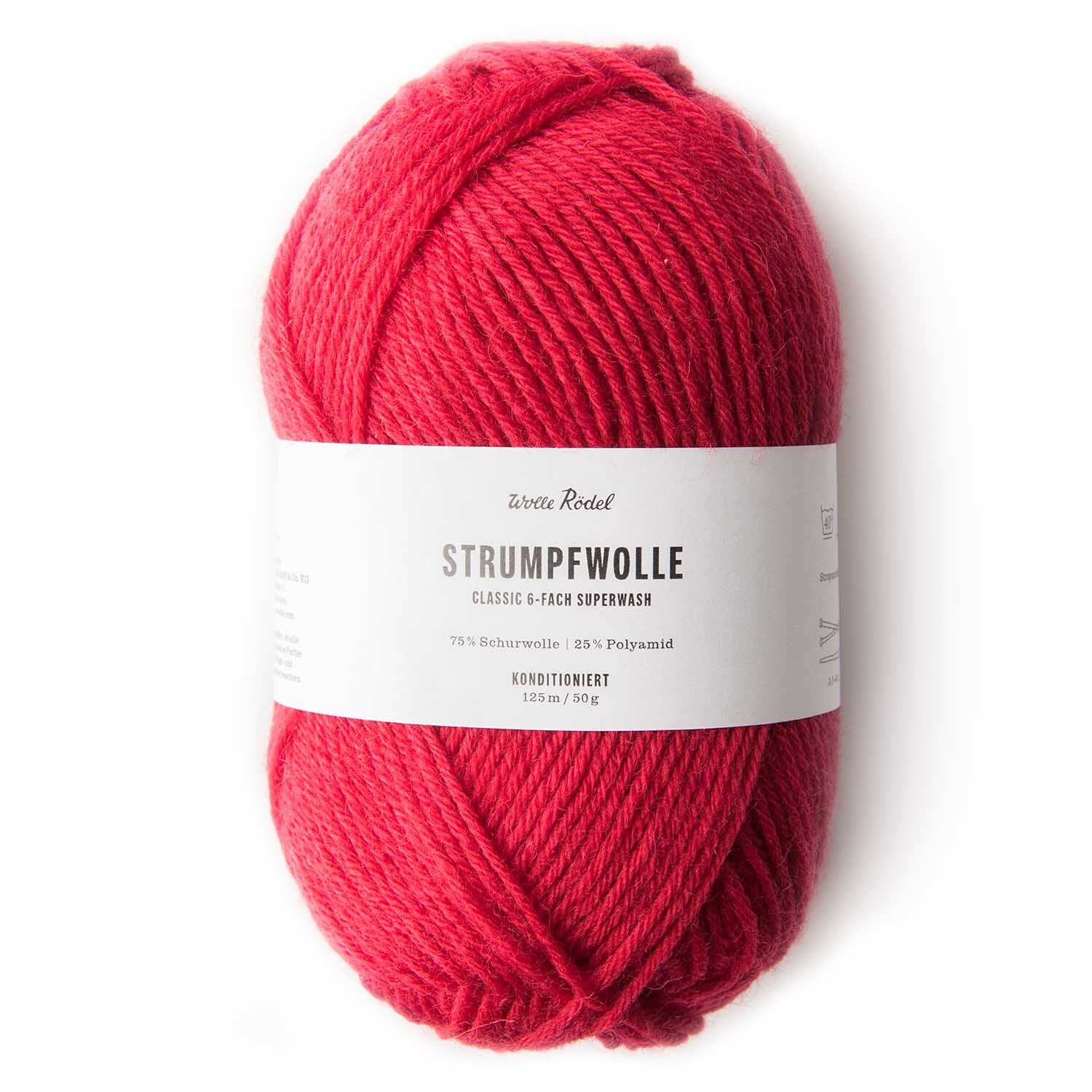 Strumpfwolle Classic 6fädig in leuchtendem Rotton, 50g Knäuel von Wolle Rödel, ideal für Strickprojekte.