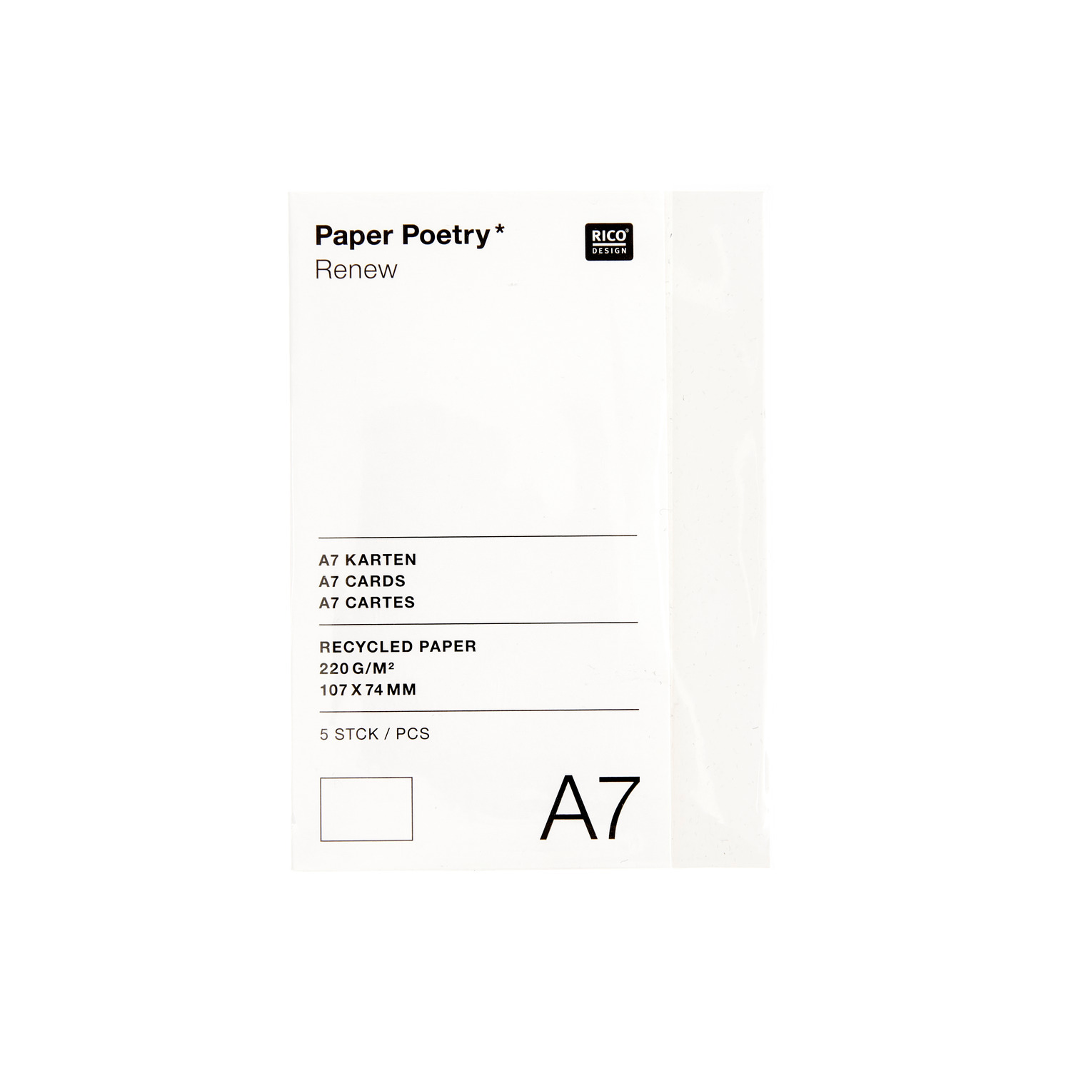 Paper Poetry Renew Karten A7 von Rico Design, cremefarbene Karten, 5 Stück, auf weißem Hintergrund.
