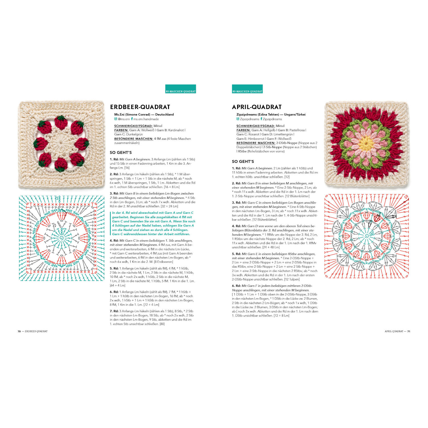 Musterbibel Granny Squares: Zwei gehäkelte Quadrate in Rot- und Beigetönen mit detaillierten Anleitungen.