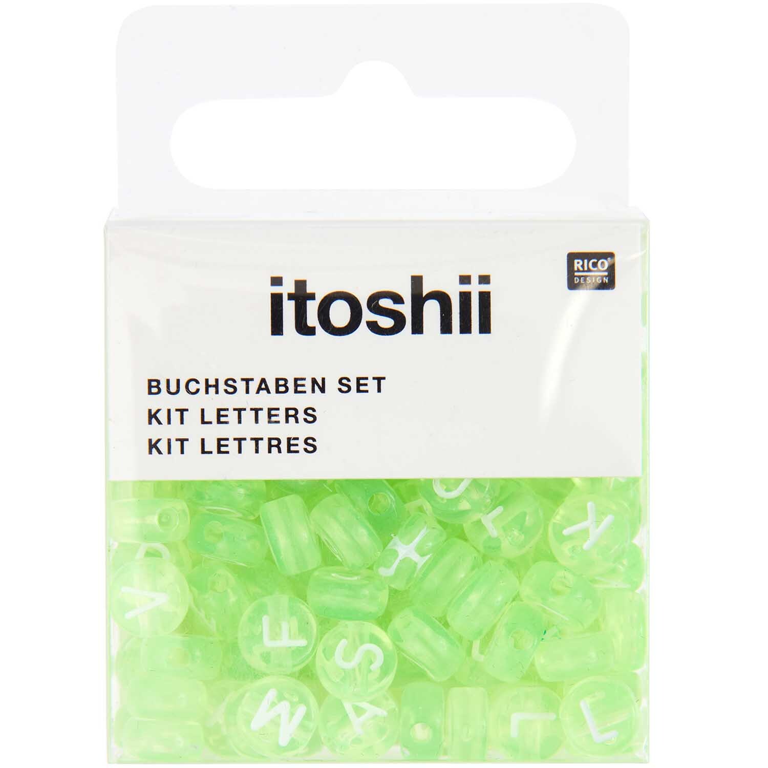 Itoshii Perlen Buchstaben-Mix in Hellgrün, 165 Stück, ideal für kreative Bastelprojekte.