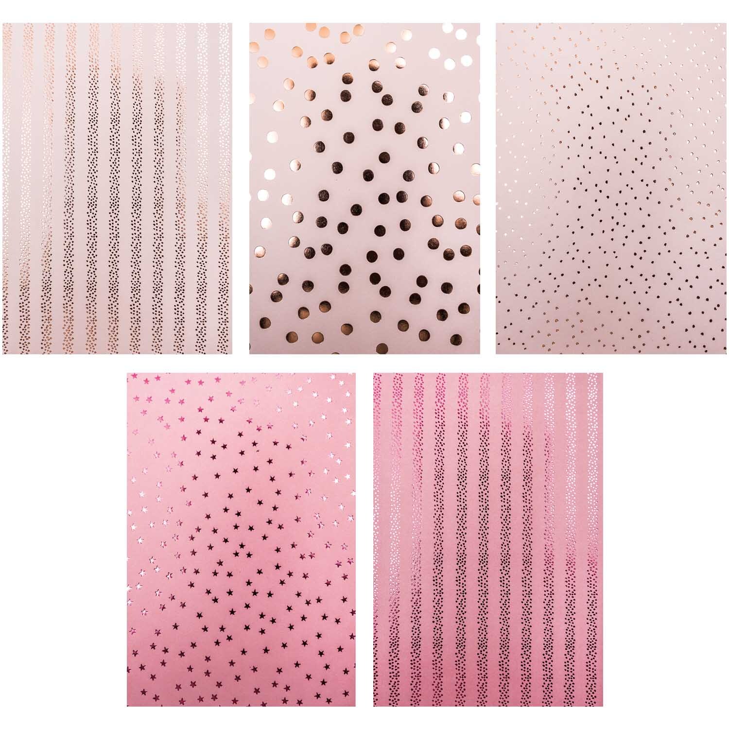 Paper Poetry Motivpapier Block zeigt fünf Blätter mit Hot Foil Mustern in Beere von Rico Design.