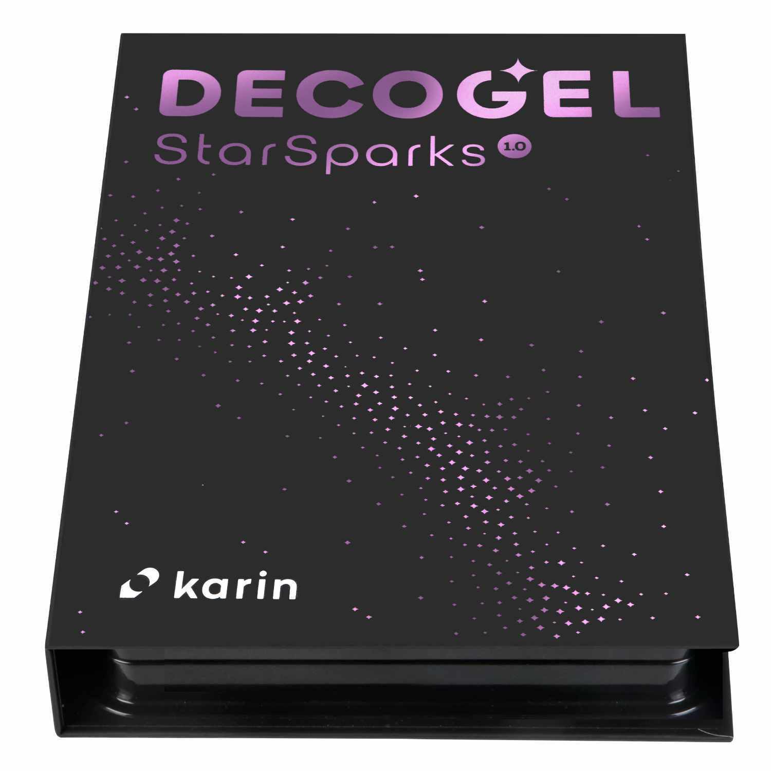 Decogel-Set Star Sparks 20 Stück in schwarzer Verpackung mit lila Schrift und Markenlogo von Karin.