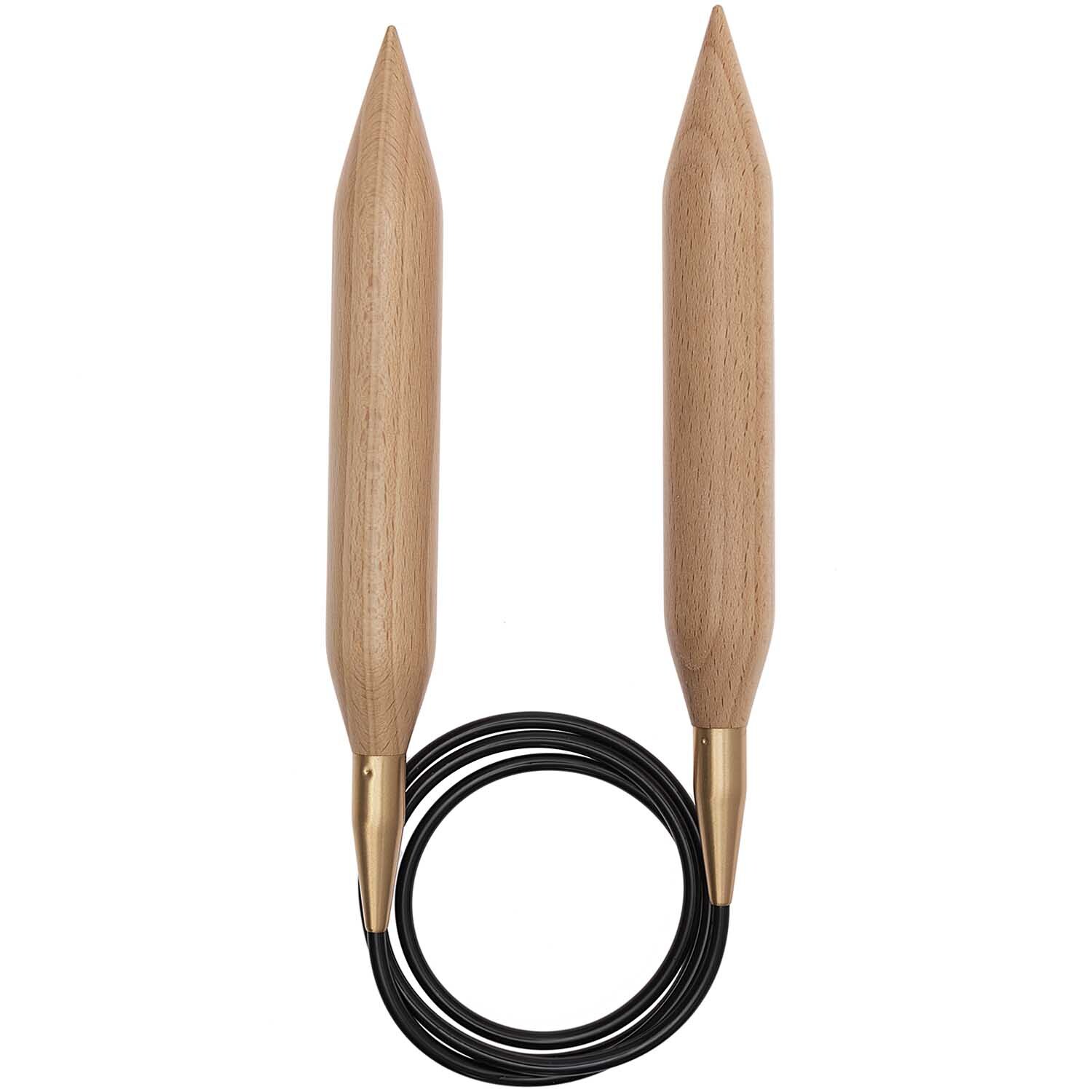 Rundstricknadel 120cm Buche von Rico Design, aus hellem Holz mit schwarzem Kabel, ideal zum Stricken.