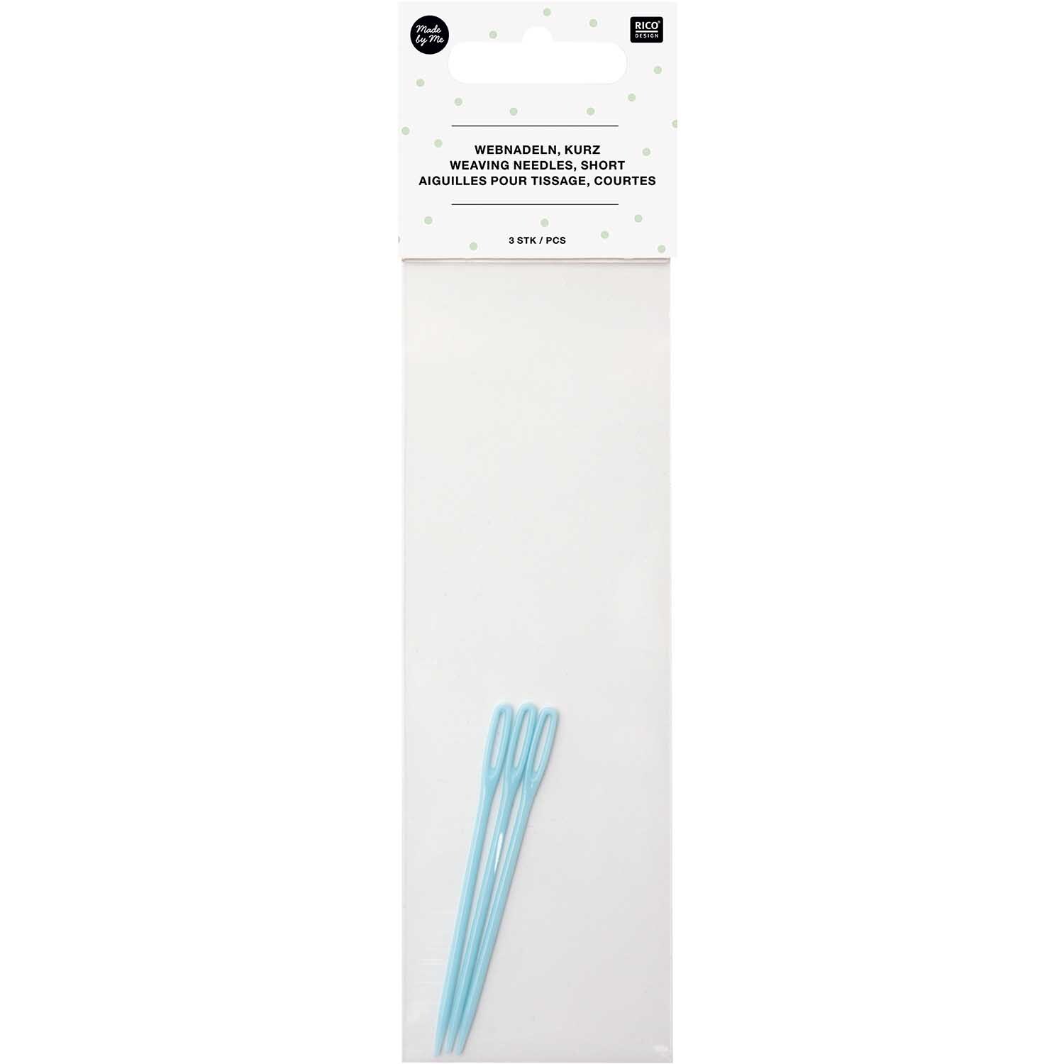 Webnadeln kurz 7cm 3 Stück von Rico Design in einer transparenten Verpackung mit blauem Hintergrund.