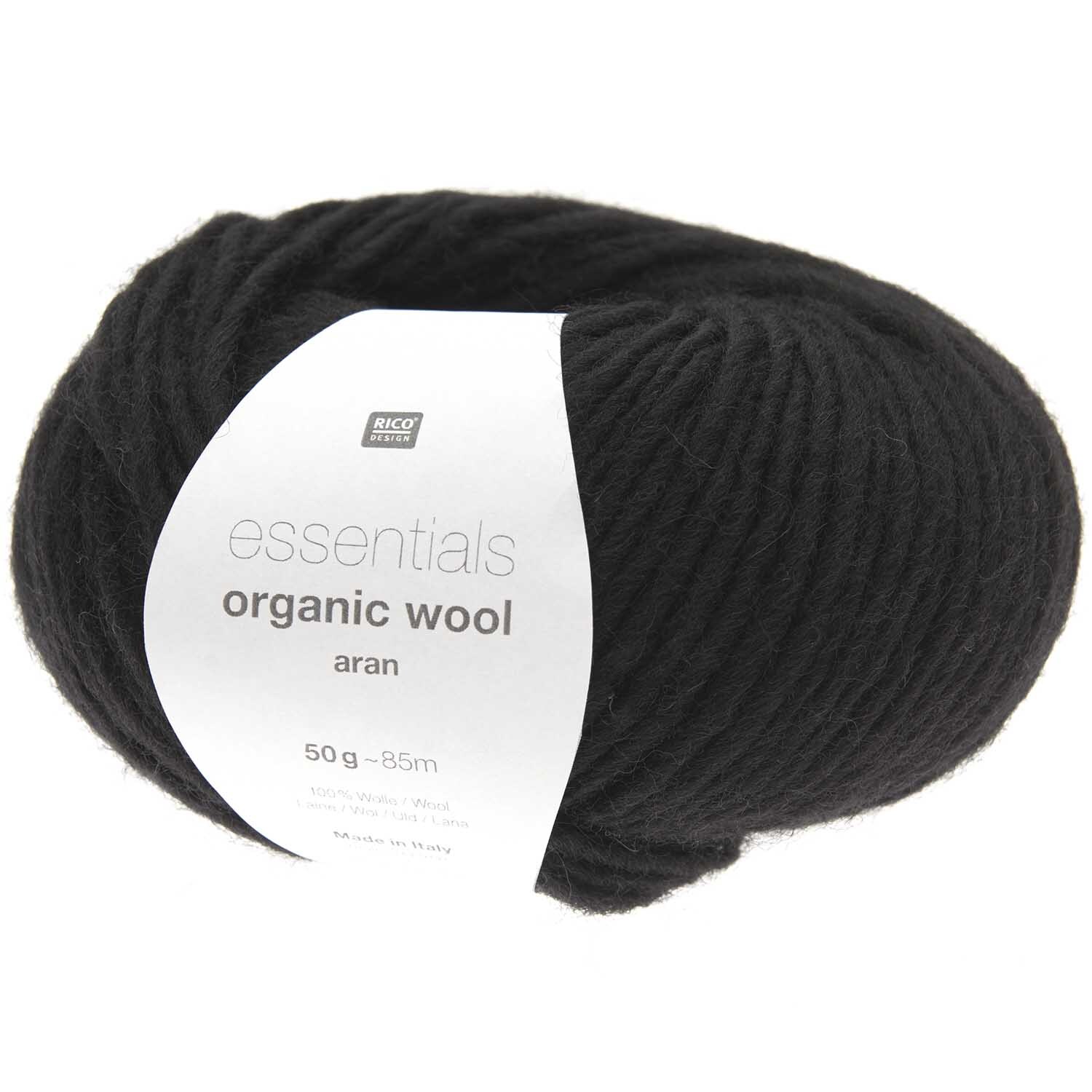 Essentials Organic Wool aran: Schwarzes Strickgarn von Rico Design, ideal für warme Winterprojekte.