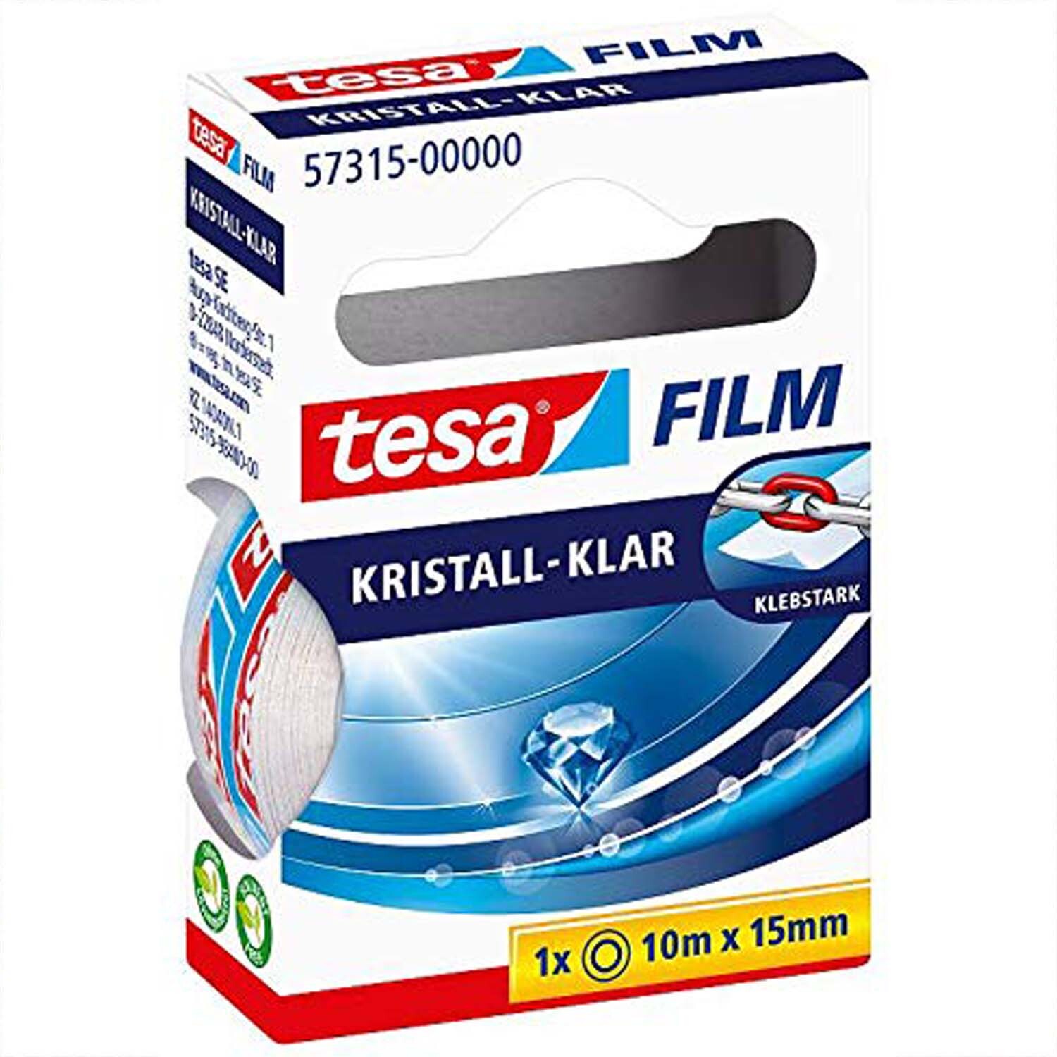 tesa film® klar Klebefilm 15mm 10m in einer Verpackung mit kristallklarem Design und tesa-Logo.