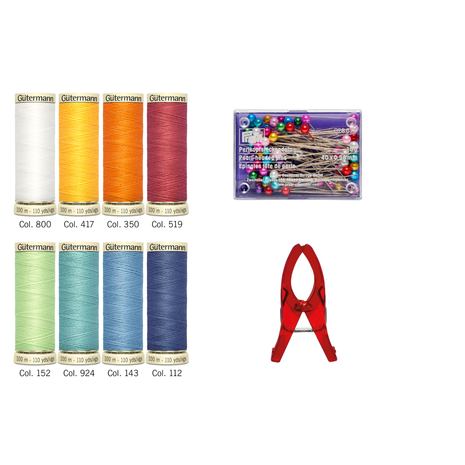 Nähfaden Set mit Clips und Stecknadeln von Gütermann. Enthält bunte Fäden, Stecknadeln und rote Clips. Ideal für Nähprojekte.