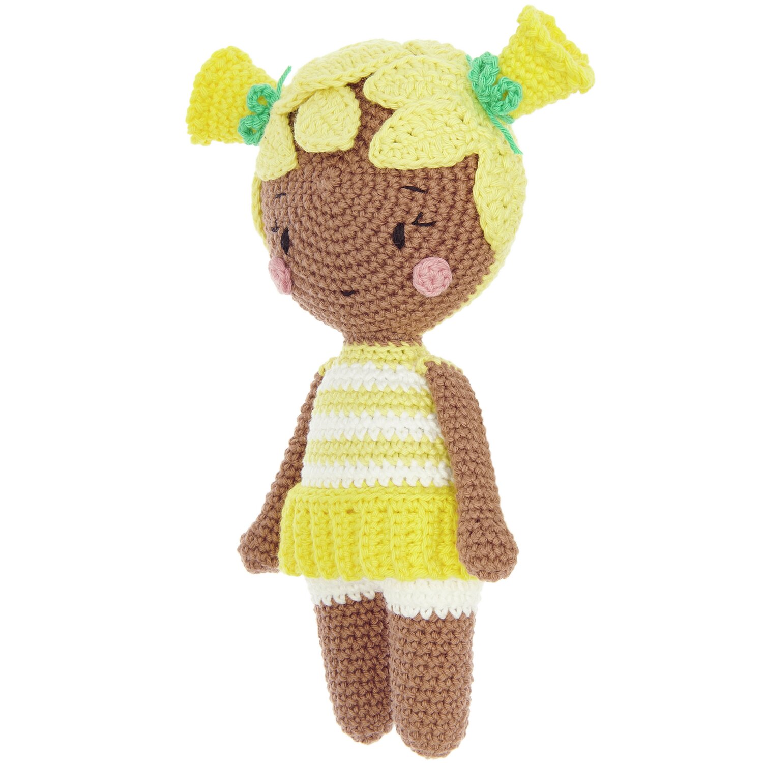 Häkelset Ricorumi Blooming Beauties Osterglocke: Niedliche gehäkelte Puppe mit gelbem Kleid und Blumenhaaren von Rico Design.