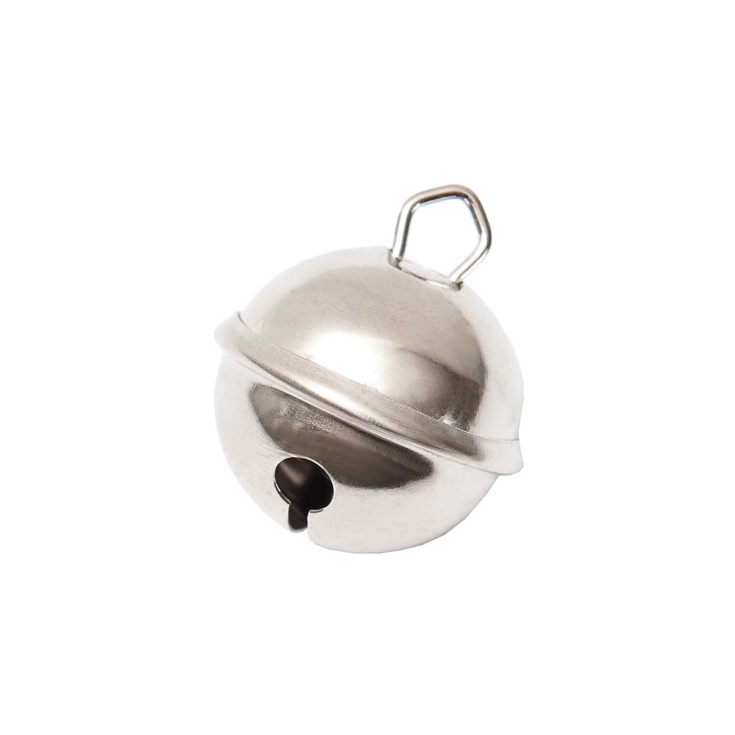 Glöckchen silberfarbig von Rico Design, glänzend und rund mit Aufhängung, ideal für Dekorationen.