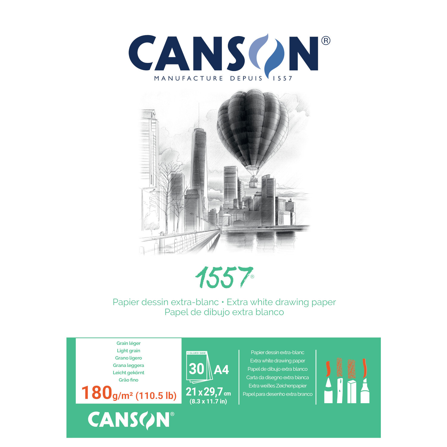 1557 Block DIN A4 30 Blatt zeigt eine Stadtlandschaft mit Heißluftballon, Marke Canson, 180g/m² Papier.