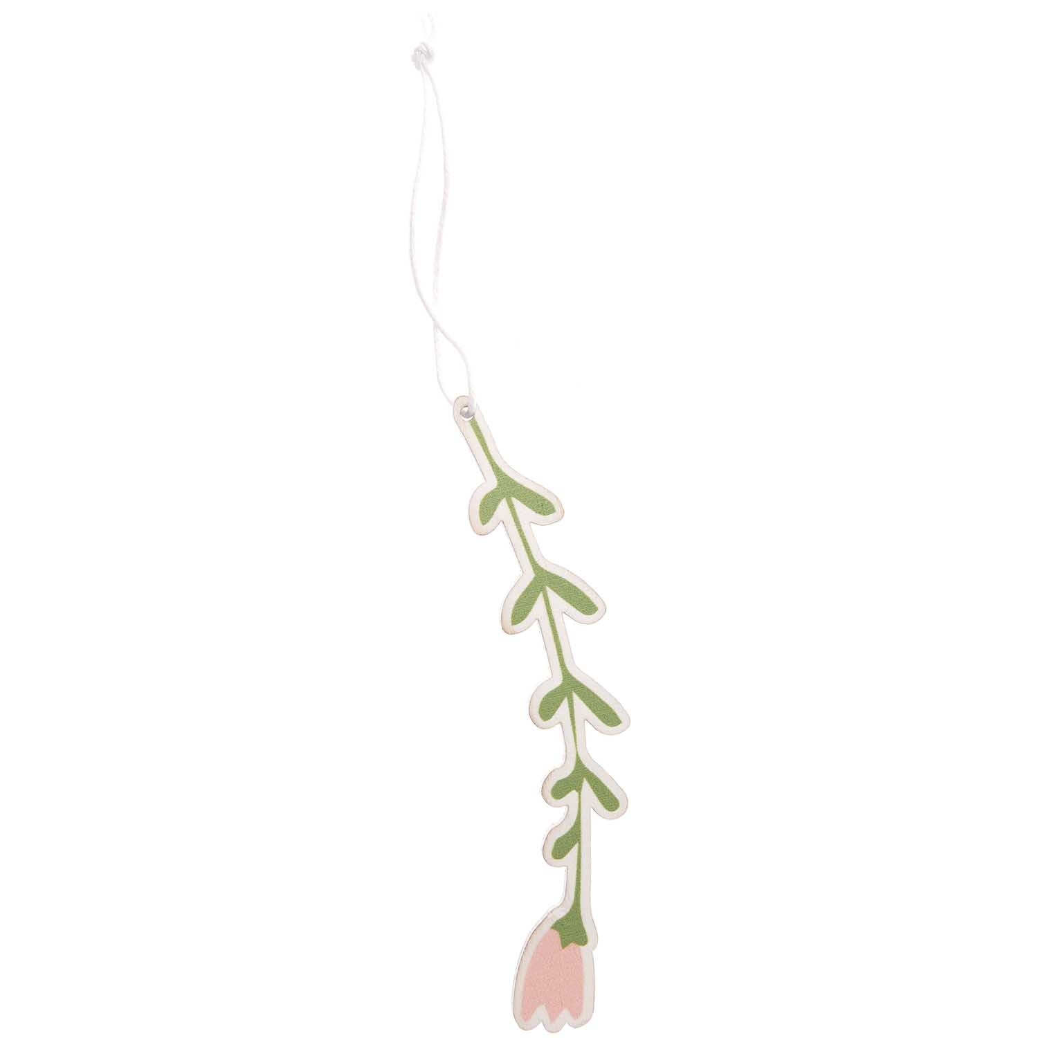 Holzhänger Blume Rosa von Rico Design: Ein zarter Blumenanhänger aus Holz mit rosa Blüte und grünem Stiel, ideal für Dekorationen.