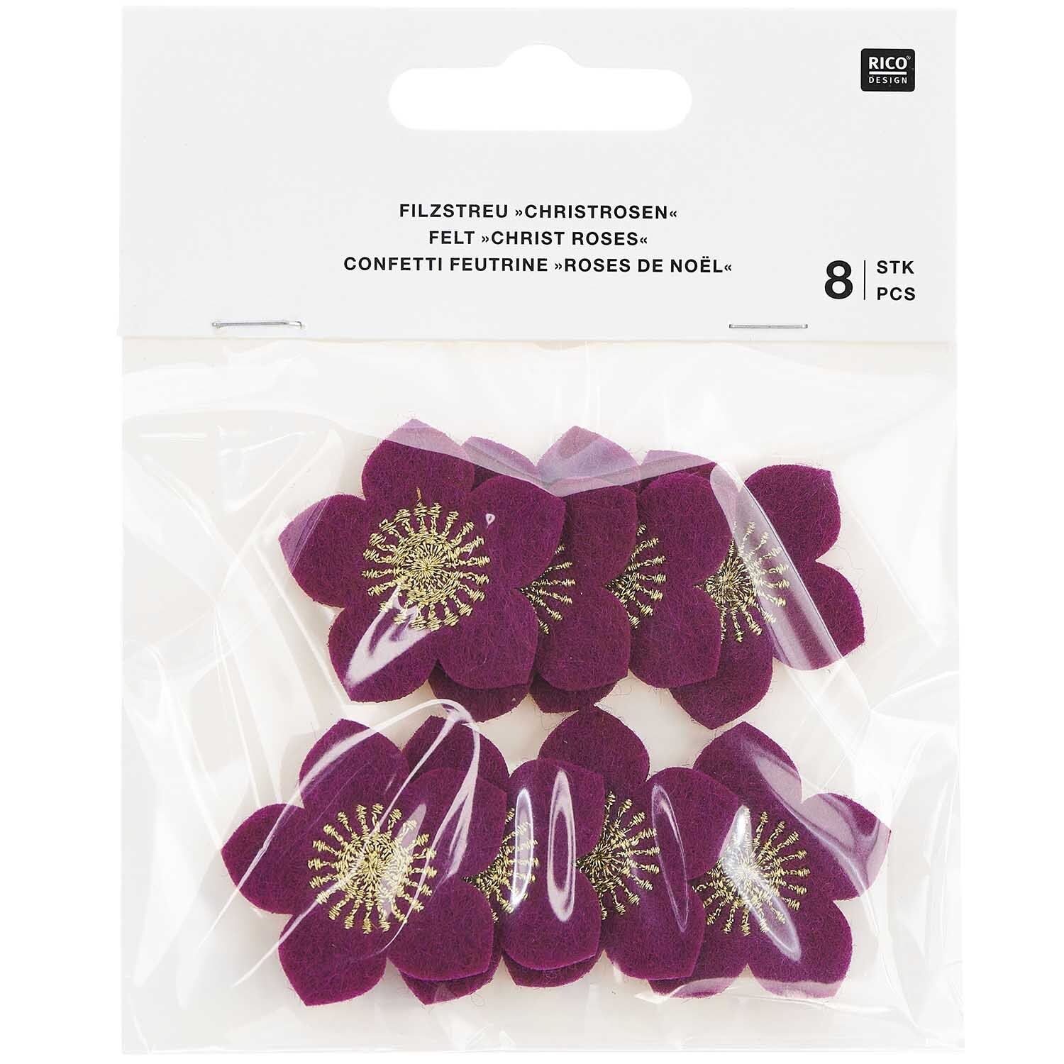 Filzstreu Christrosen bestickt, 8 Stück in Violett-Gold von Rico Design, in transparenter Verpackung.