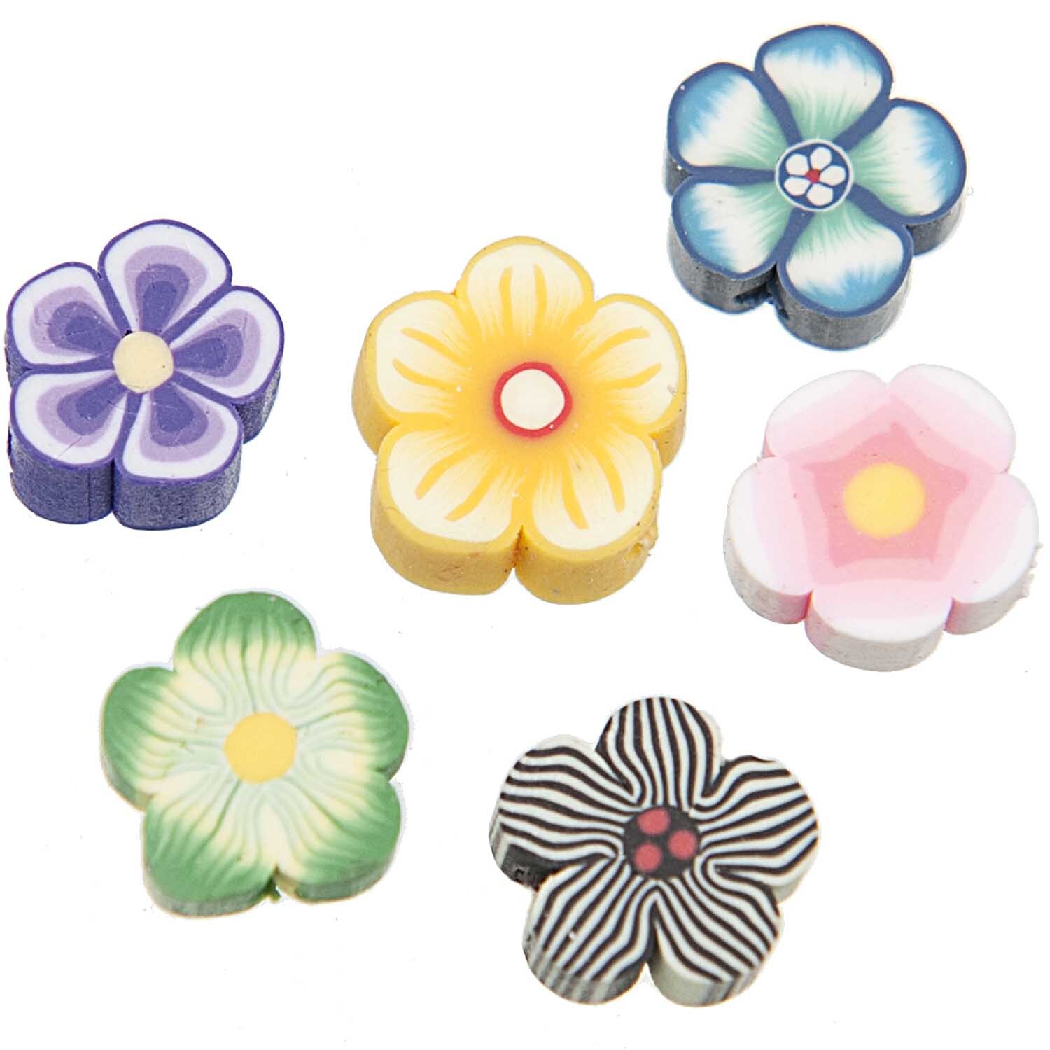 Perle Blume gemustert 10x4mm 6 Stück von Rico Design: Sechs bunte Blumenperlen in verschiedenen Mustern und Farben.