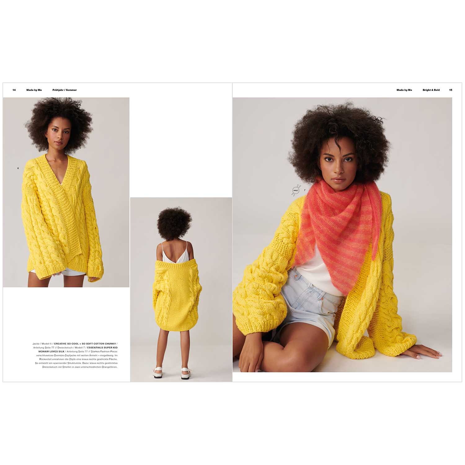 Made by Me Handknitting Nr. 12 Frühjahr-Sommer: Frau trägt gelben Strickmantel von Rico Design, kombiniert mit einem roten Schal.
