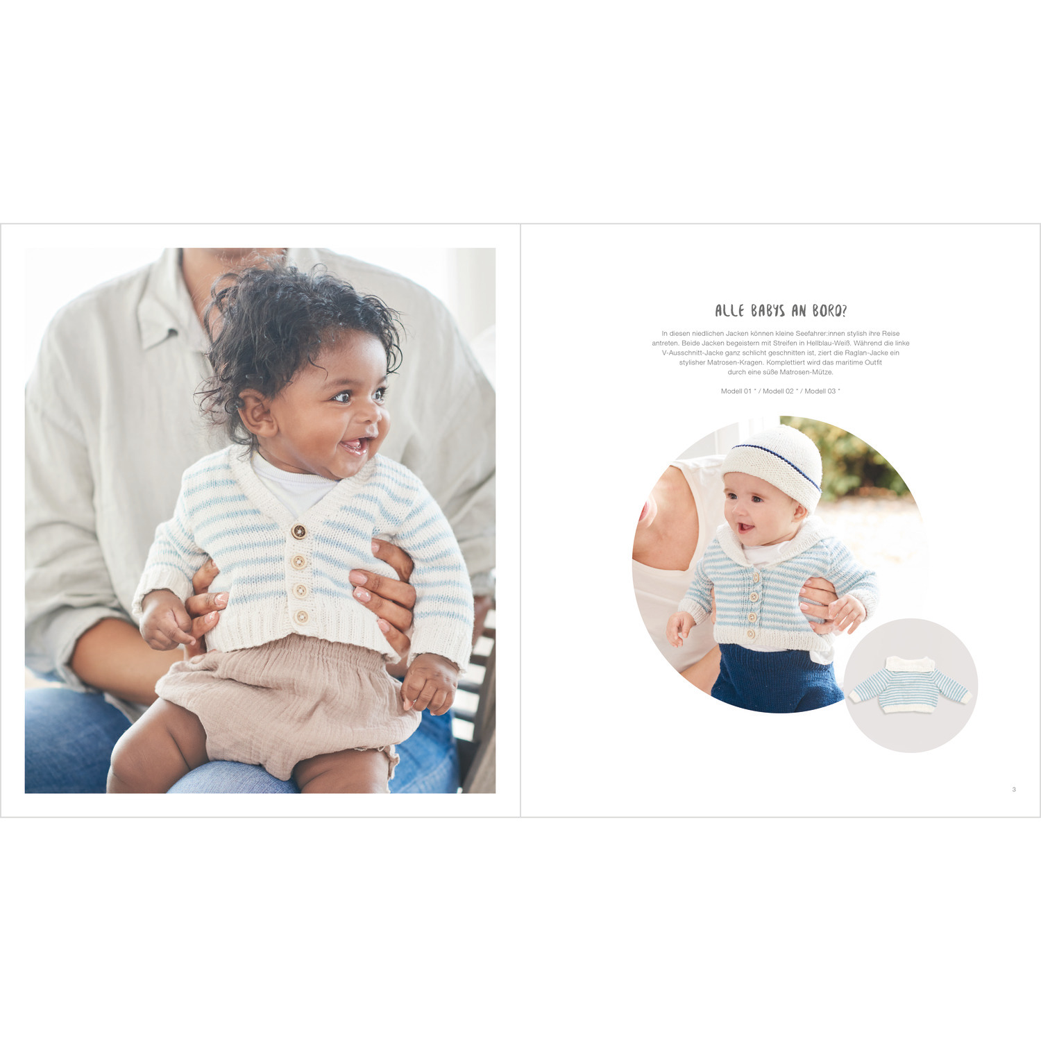 Baby Heft Nr.39 zeigt ein lächelndes Baby in einem gestreiften Strickoutfit von Rico Design.