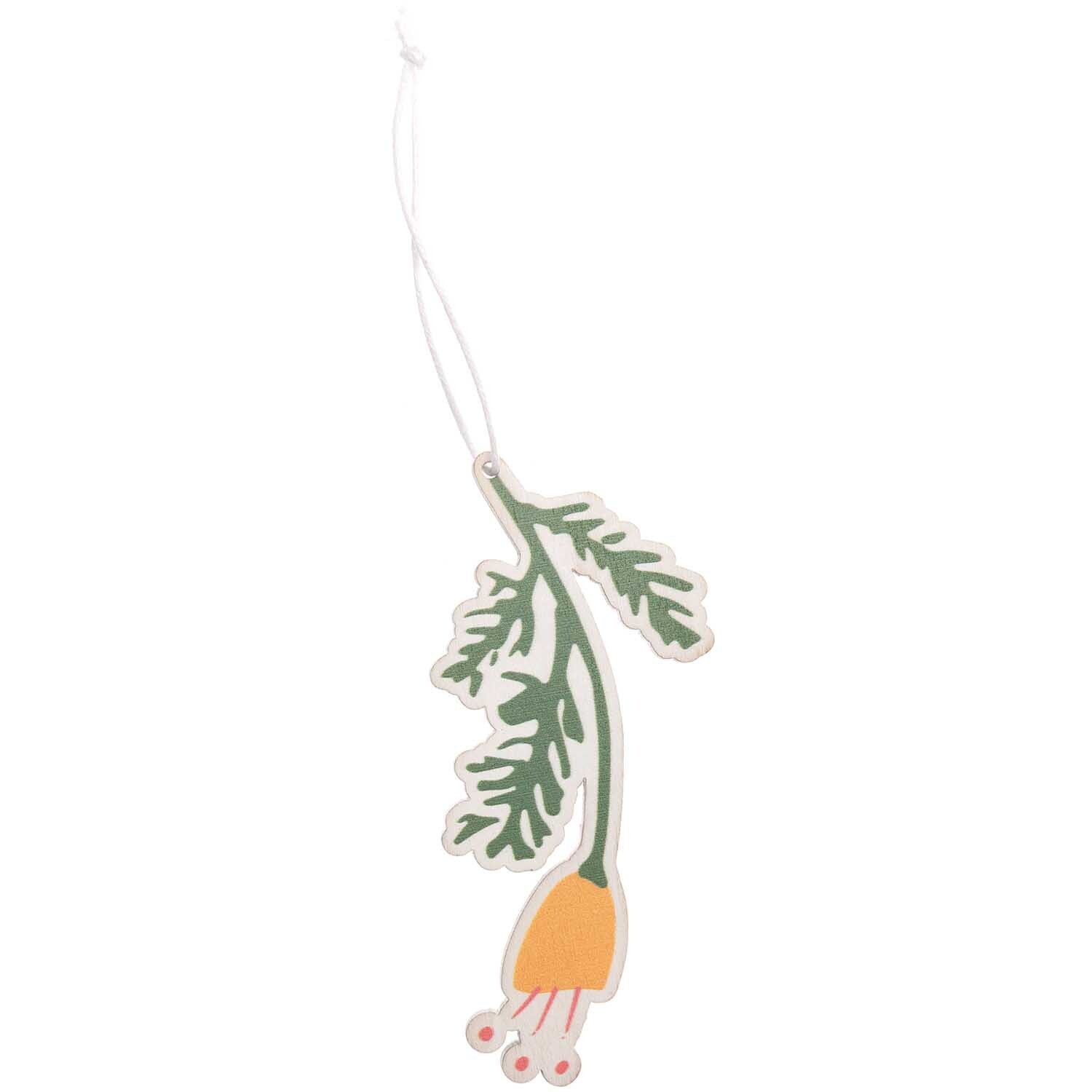 Holzhänger Blume Gelb von Rico Design: Ein dekorativer Anhänger in Blumenform mit grünen Blättern.