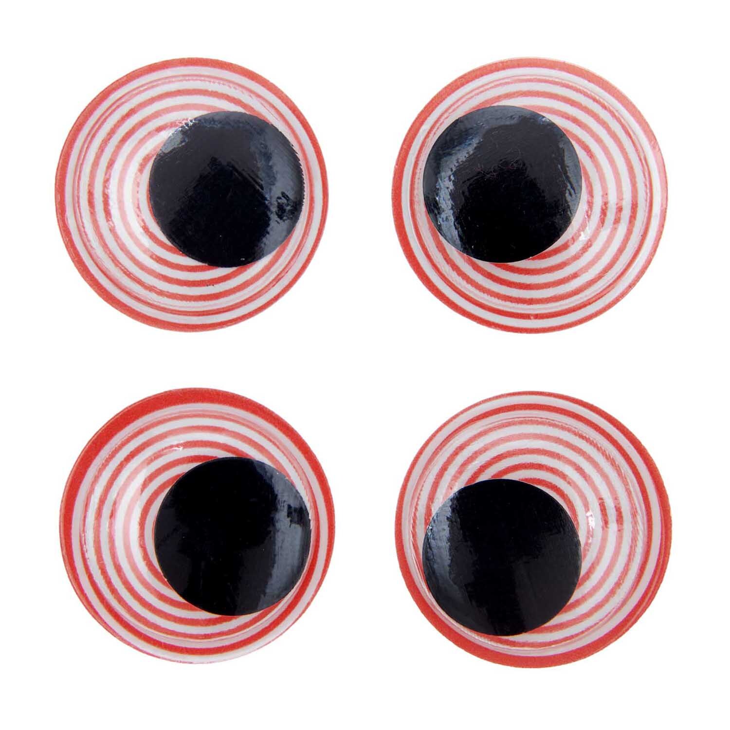 Wackelaugen Spiralen 35mm, 4 Stück von Rico Design. Rote und schwarze Spiralmuster auf runden Augen. Ideal für kreative Bastelprojekte.