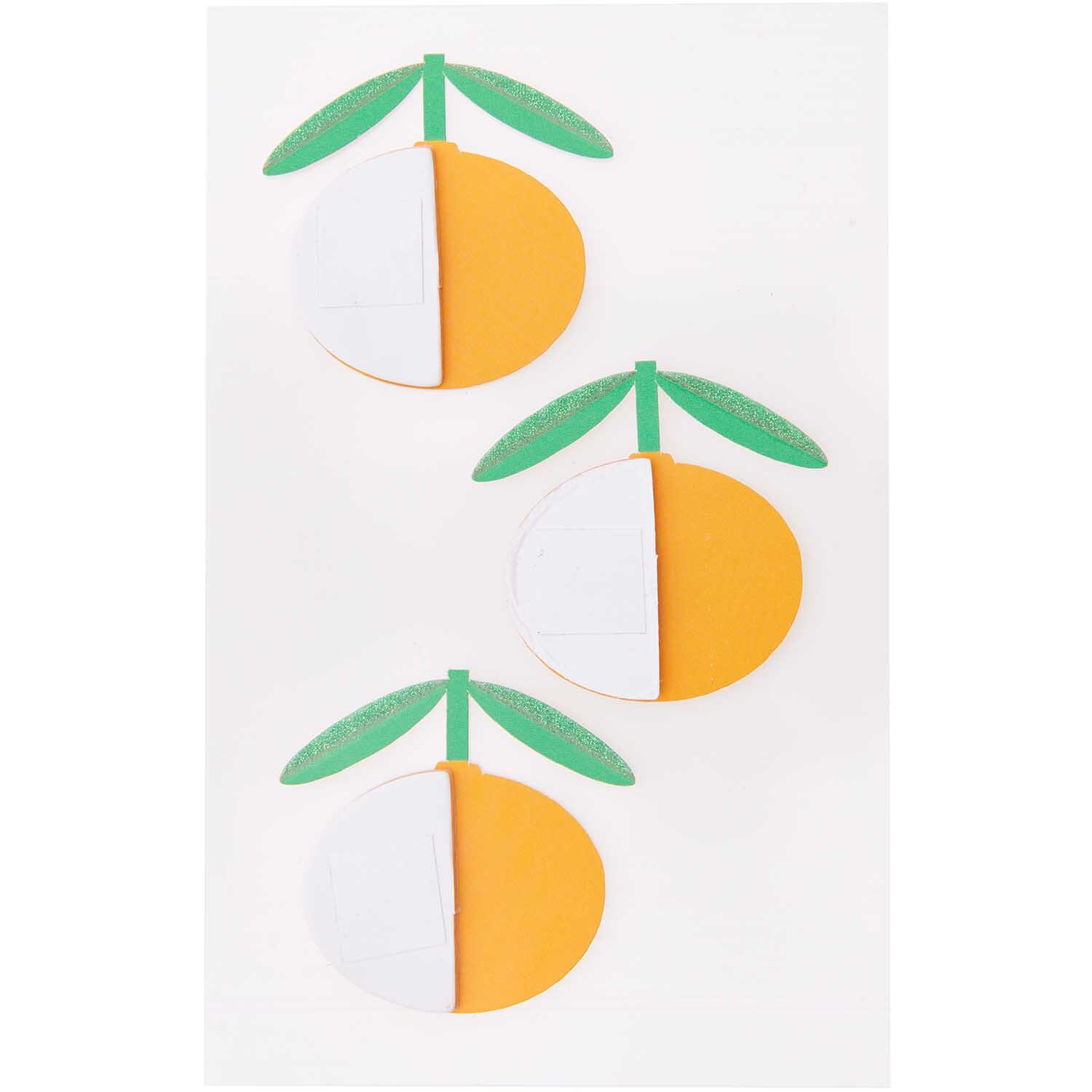 Paper Poetry Wabenpapiersticker Orangen von Rico Design zeigen drei stilisierte Orangen mit grünen Blättern auf weißem Hintergrund.
